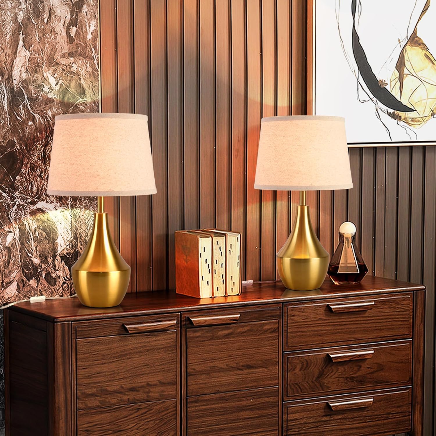 Brass Gold Bedside Table Lamp, 19.3" Modern Table Lamp for Bedroom Nightstand, Cute Table Lamps for Living Room, Office Desk, End of Table