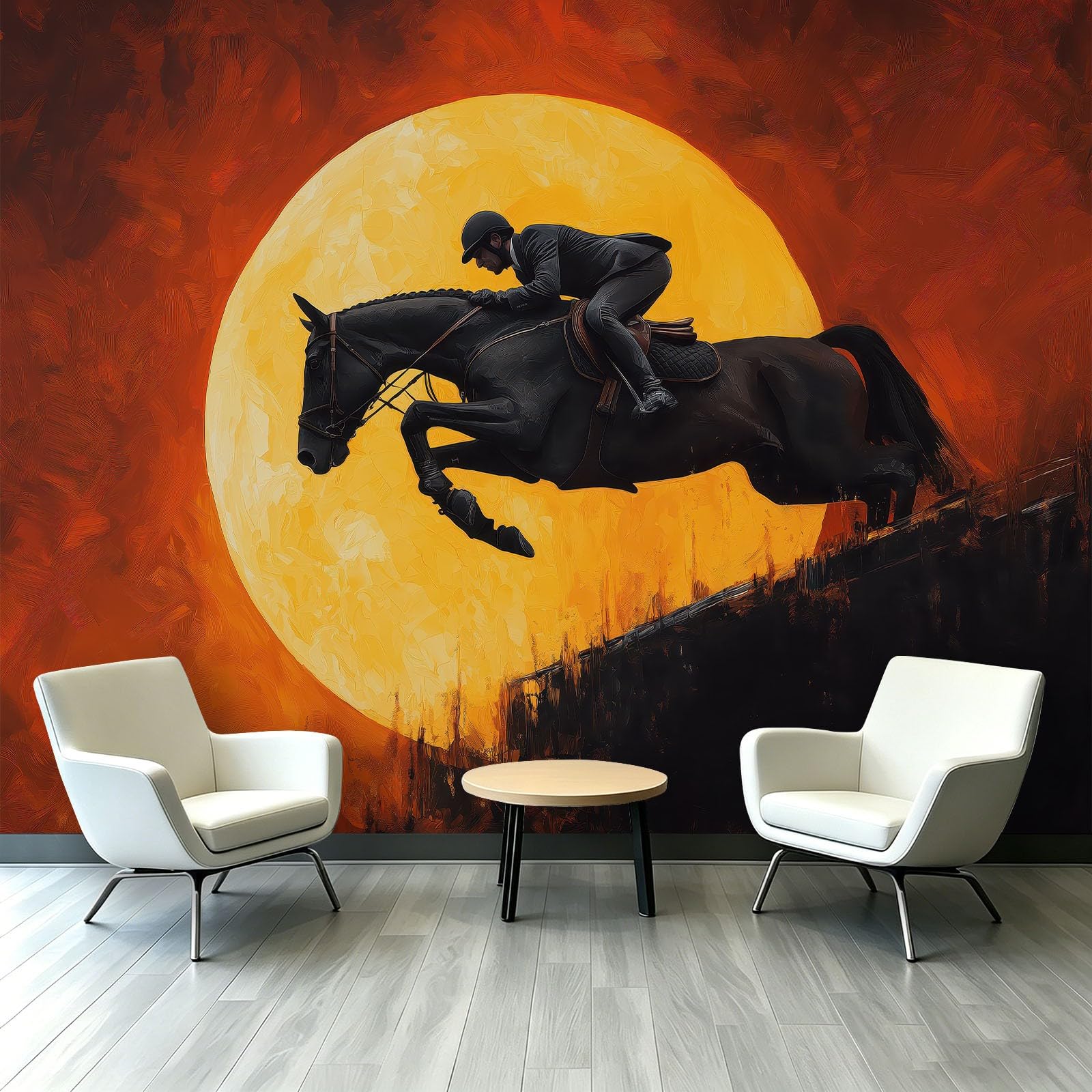Carta da parati fotografica moderna con cavallo nero cavaliere luna, 200 x 140 cm, carta da parati in tessuto non tessuto, carta da parati da parete XXL, per ufficio, studio, palestra, rosso