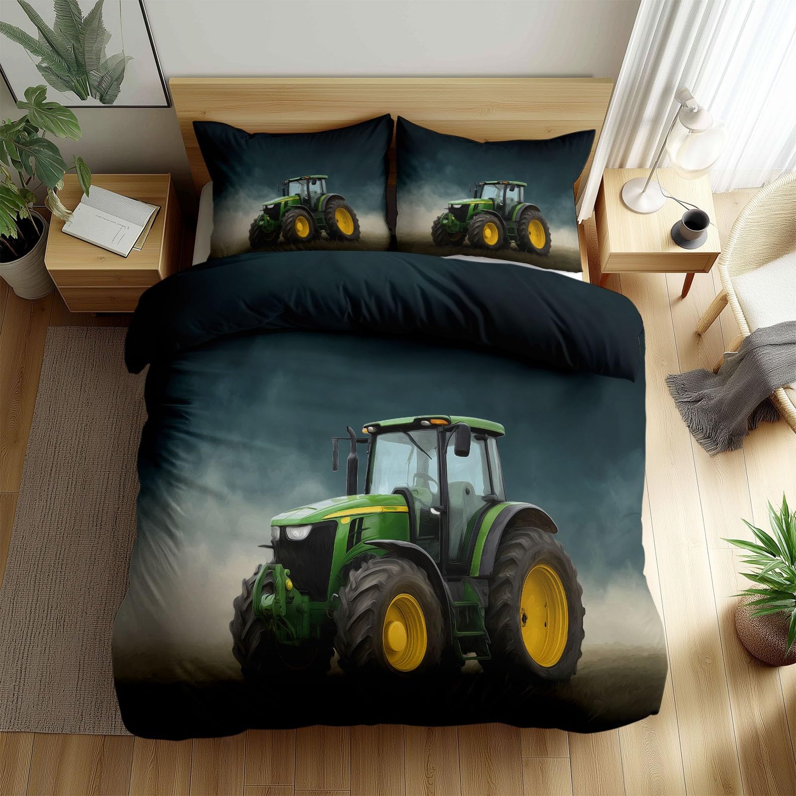 Komplet pościeli 240 x 220 cm, do samochodu, wiejski, traktor, szara, z 2 poszewkami na poduszkę 80 x 80 cm, miękka poszewka na kołdrę z mikrofibry, dwustronna, z zamkiem błyskawicznym