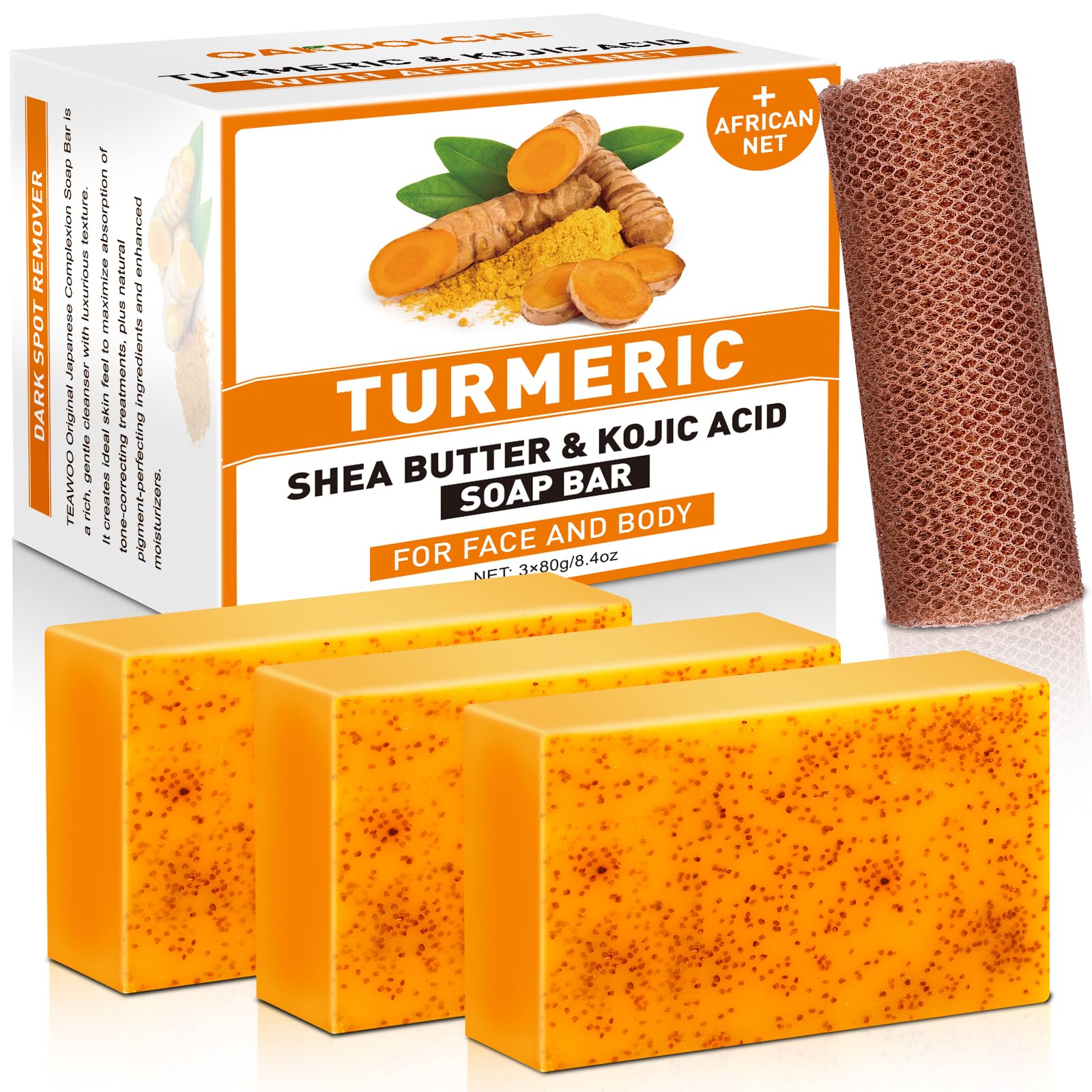 3P 80g Turmeric Kojic Acid Soap Bars with African Exfoliating Net | Infused with Retinol, Collagen, Vitamin E & Shea Butter, SLS-Free, Gentle for Face, Body & Underarms, Fits Oily & Dry Skin 3p Soap 80g +1p African Exfoliating Net 3p Soap 80g +1p African Exfoliating Net
