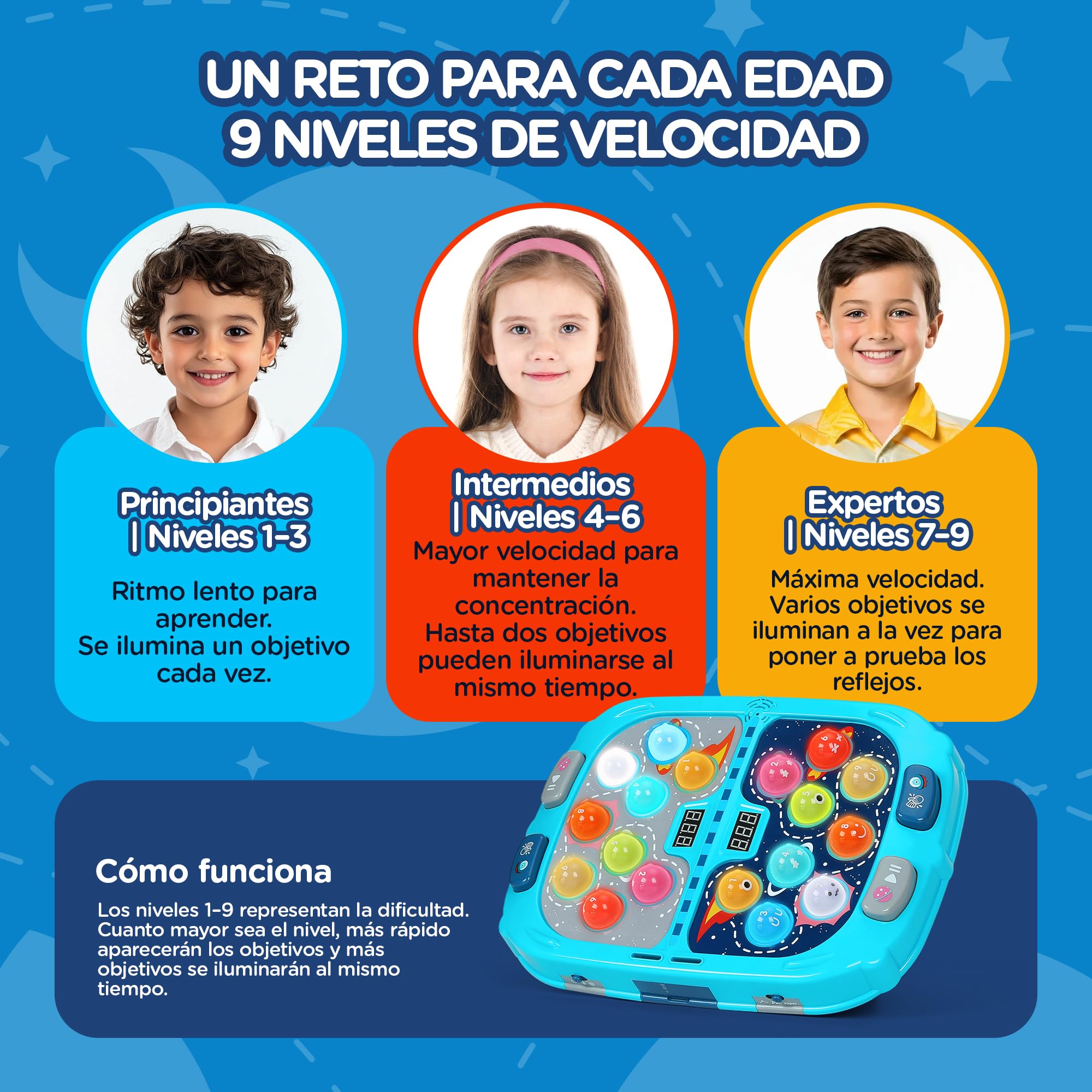 Whack-a-Mole Game for Kids, Juego de Golpear Topos con 18 Objetivos Luminosos, 2 Martillos, 3 Modos, 9 Niveles, Luces y Sonido, Juguete para Niños +3 Años