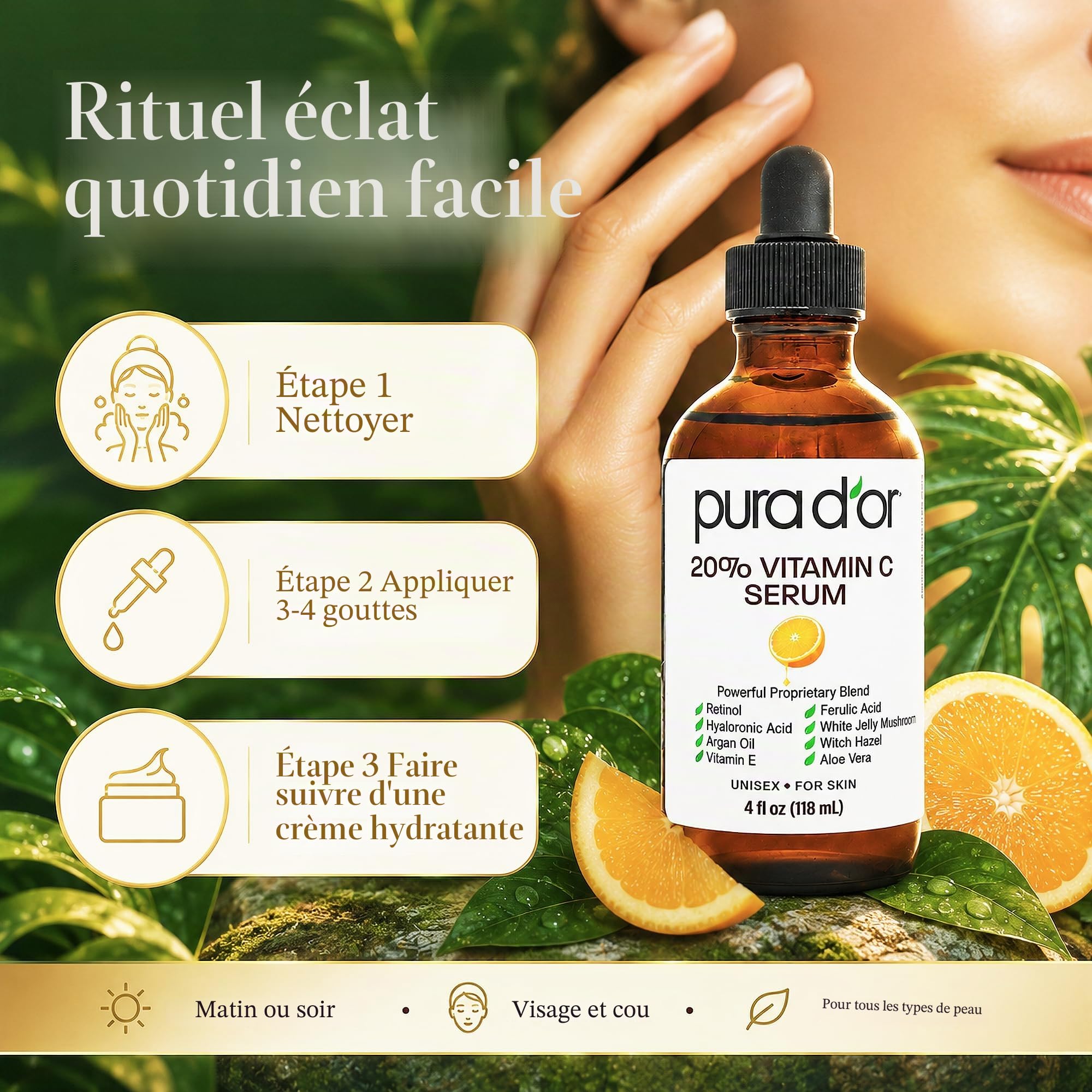 Pura D'Or 20% de vitamine c sérum (118 ml) avec l'acide hyaluronique, acide férulique, la vitamine e, super antioxydants, huile d'argan et aloe vera - force professionnelle
