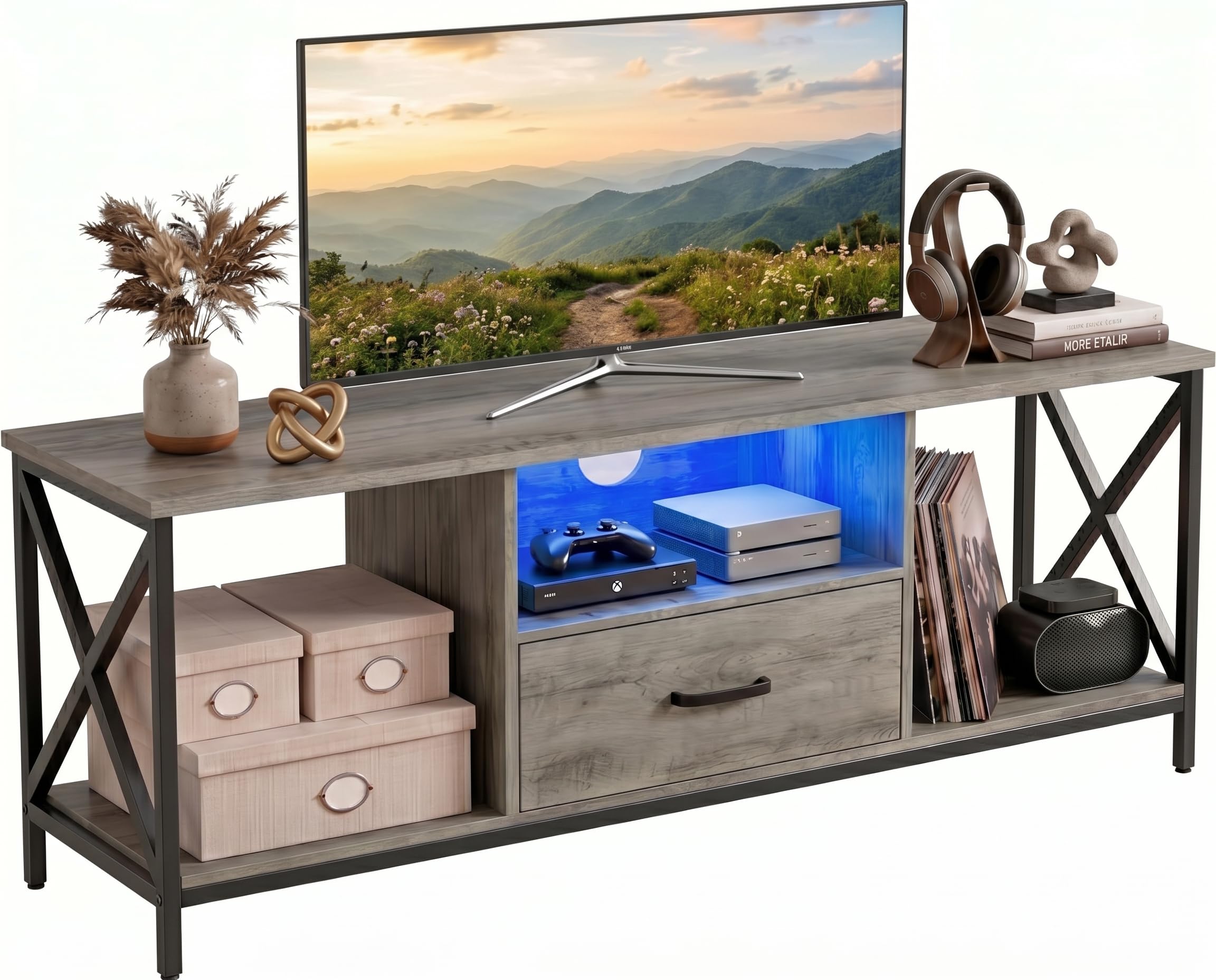 Blisswood 140cm TV Unit with LED RGB Lights, TV Stand Cabinet for 55โ65 Inch TVs, Media Console Entertainment Centre with Drawer & Open Storage Shelf, Industrial Metal Frame Living Room Furniture_Grey