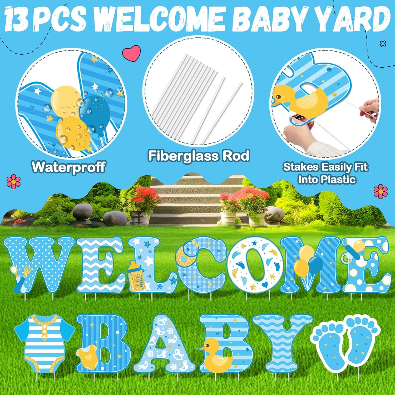 13 Pcs Baby Shower Yard Sign 'welcome Baby' Yard Signs with Stakes, 15 Inch Tall Girl boy Lawn Sign Gender Reveal Outdoor Decoration Welcome Home Newborn Announcement for Party Decorations (Blue)