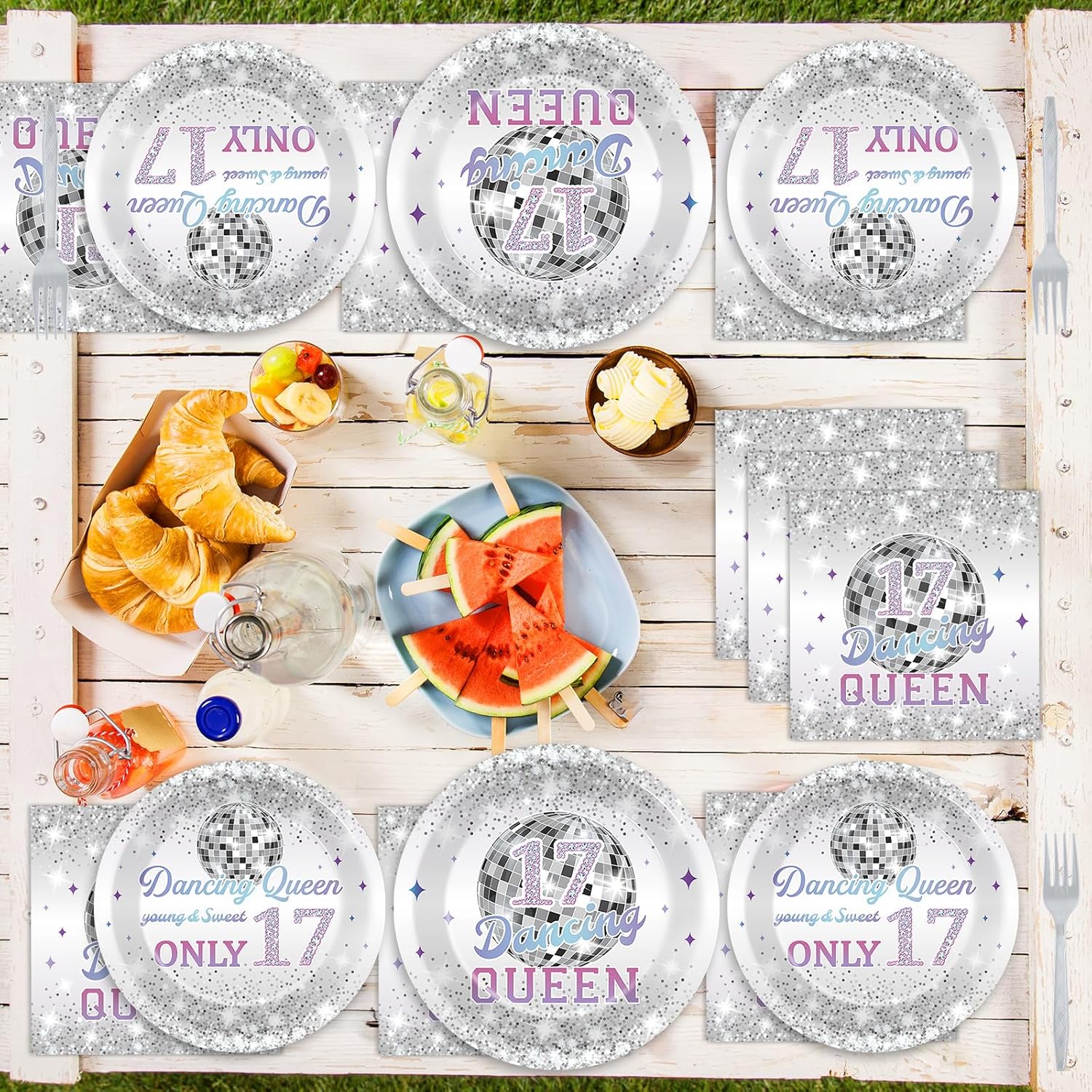 CHUNNIN 96Pcs Dancing Queen Plates and Napkins for 17 Birthday Party Decorations for Girls Silver 17 Year Old Dessert Plates Dancing Queen Tableware Set for 24 Guests 17 Birthday Party Supplies - Image 5