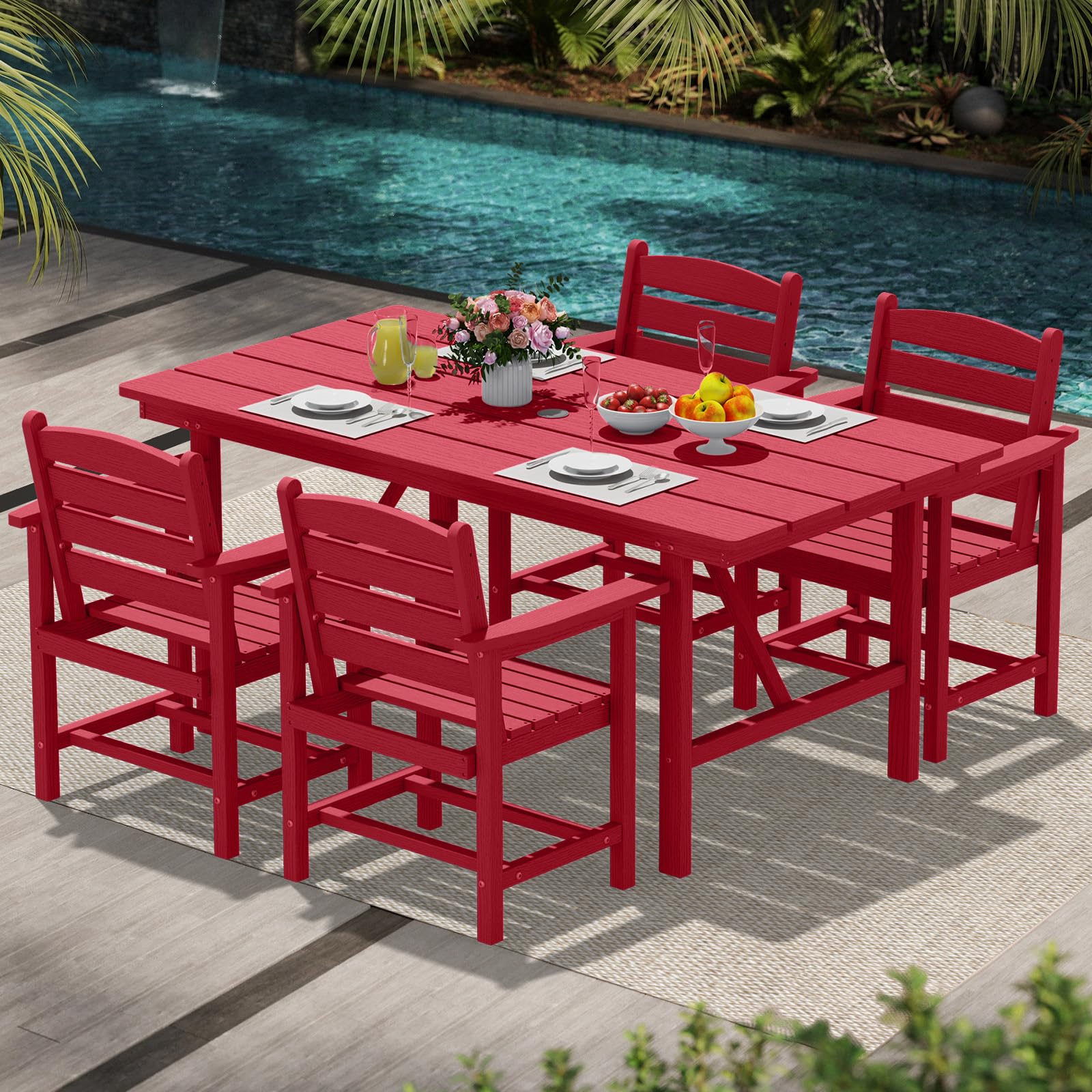 PLUUV Patio Dining Set for 4 with Umbrella Hole - 66" Outdoor Table & 4 Chairs, All-Weather HDPE Outdoor Furniture for Lawn, Garden, Backyard,