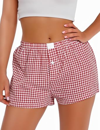 Womens Boxer Shorts Gingham Plaid Short Pants Pajamas Lounge Bottoms Y2K Cute Streetwear Pj Sleepwear Trendy 2024