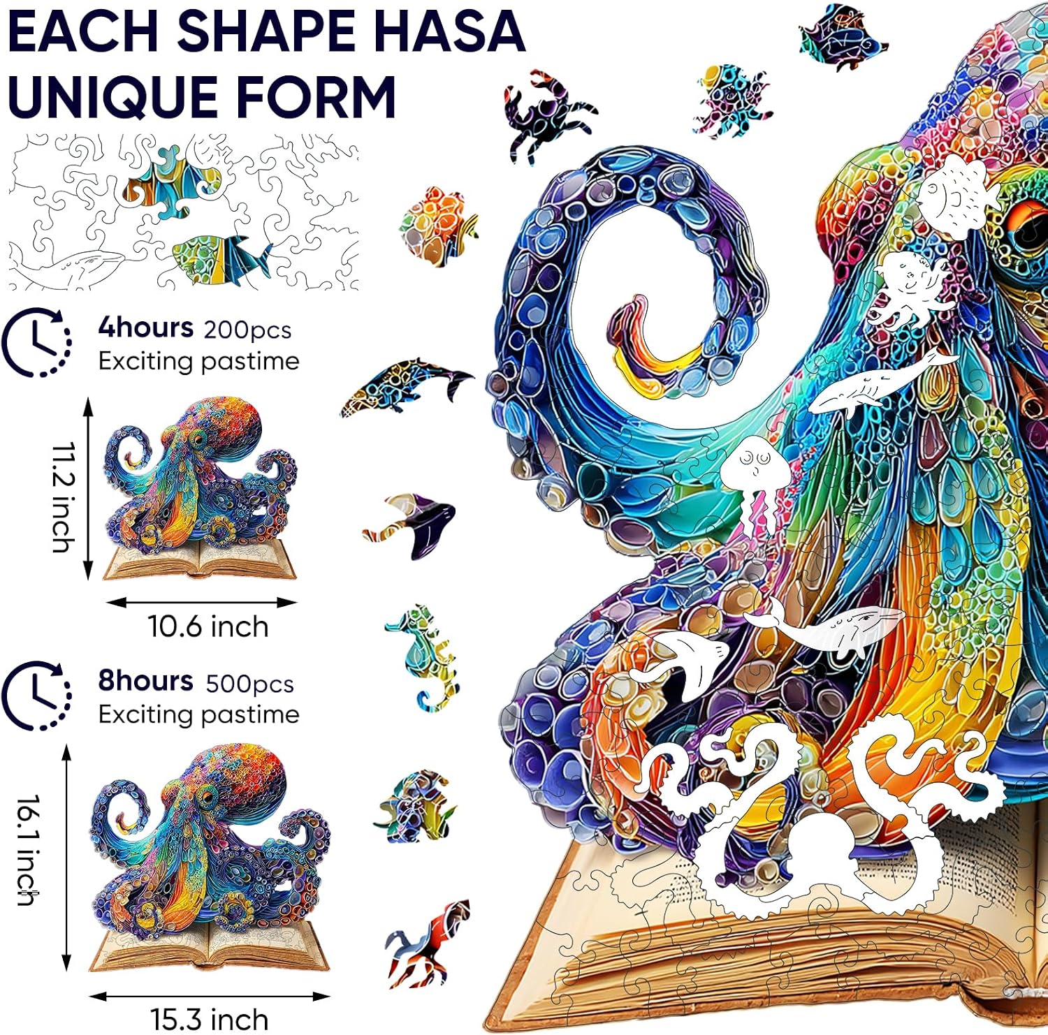 Jiroinlly Wooden Puzzle for Adults, Octopus Book Jigsaw Puzzles 500 Pieces, Unique Shaped Family Reunion Puzzle, Beautiful Package, Best Gift for Family and Friends 15.3x16.1 in