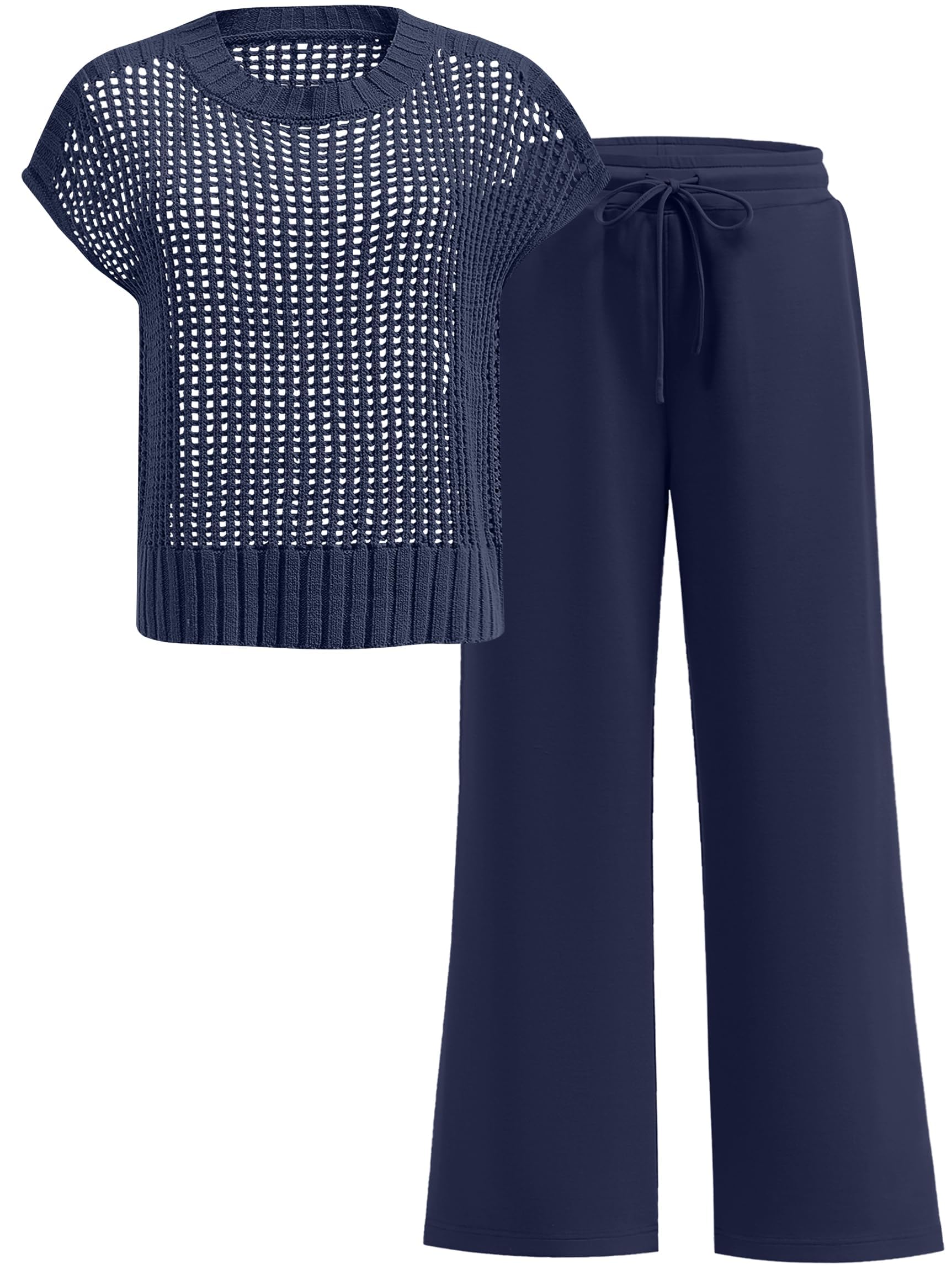 OUKODS Women Two Piece Outfits Crochet Sheer Knit Sweater Top Wide Leg Pants Lounge Matching Sets Sweatsuit Travel Clothes