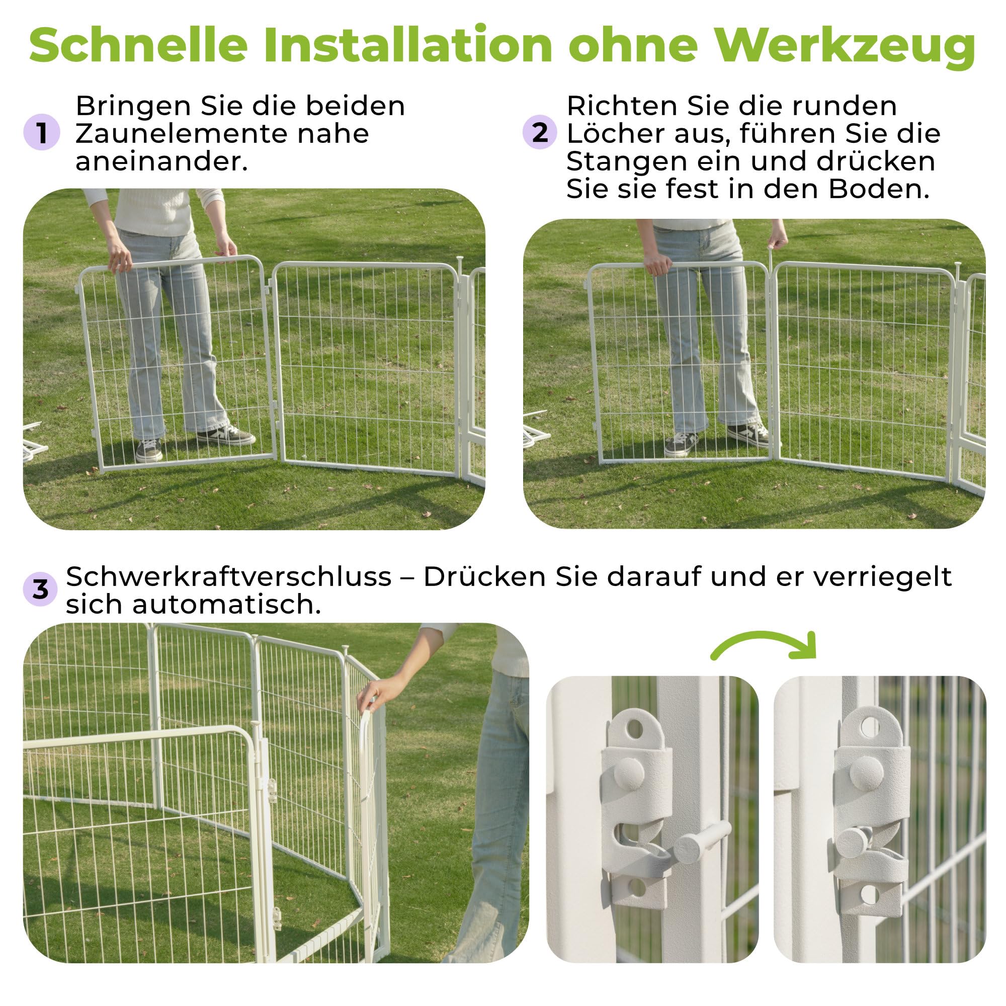 8-teilig Laufstall 60cm Hoch, Rutschfester Stall für drinnen mit 1 Türen, Anti-Rost Zaun, Automatische Verriegelung, Weiß