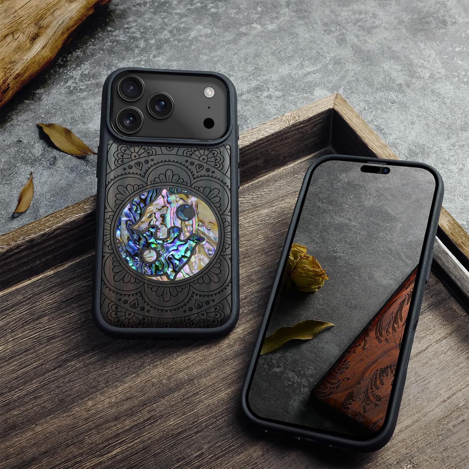 Carveit Magnetic Case for iPhone 17 Pro Max Case, Wood Artisan Engraved & Handmade Shell Inlaid, TPU Shockproof Cover, Compatible with MagSafe Wireless Chargers (Shell Yin Yang Wolf-Blackwood)