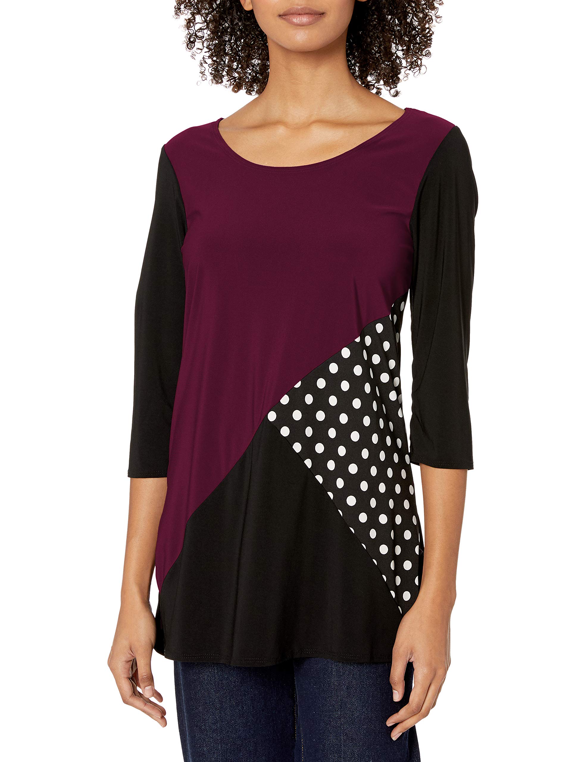 Star VixenWomen's 3/4 Sleeve Scoop Neck Tunic-Length Tri Colorblock Ity Knit Top with Polka Dot Inset