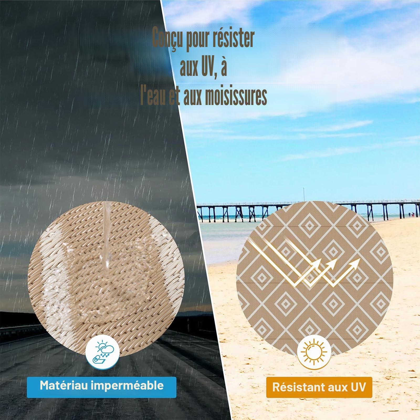 Enyhom Tapis d'extérieur Résistant aux Intempéries 240 x 300 cm, en Plastique Grande Fermeture éclair - Tapis d'extérieur Réversible pour Balcon, Camping, Plage, Jardin d'hiver