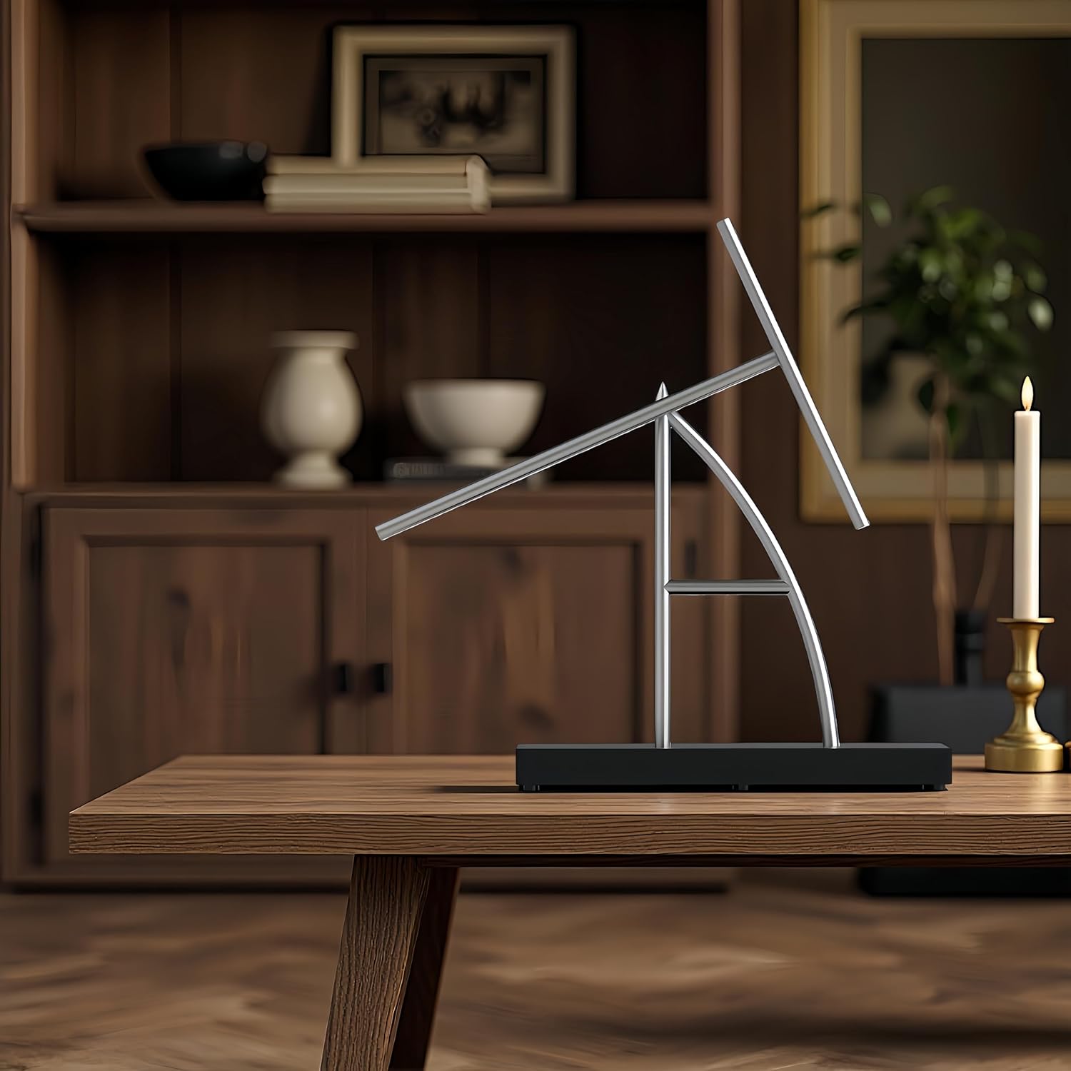 CulinaryEdge Kinetic Energy Sculpture Pendulum Ornament Desktop Pendant Silent Metal Desk Toy Chaotic Pendulum Battery Powered Desktop Decor for Office Home