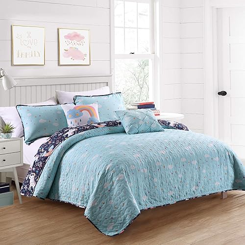 Miniatura 2 de Lush Decor - Juego de 5 piezas de edredón de unicornio con corazón para niños, tamaño matrimonialqueen, azul marino, incluye edredón reversible, 2
