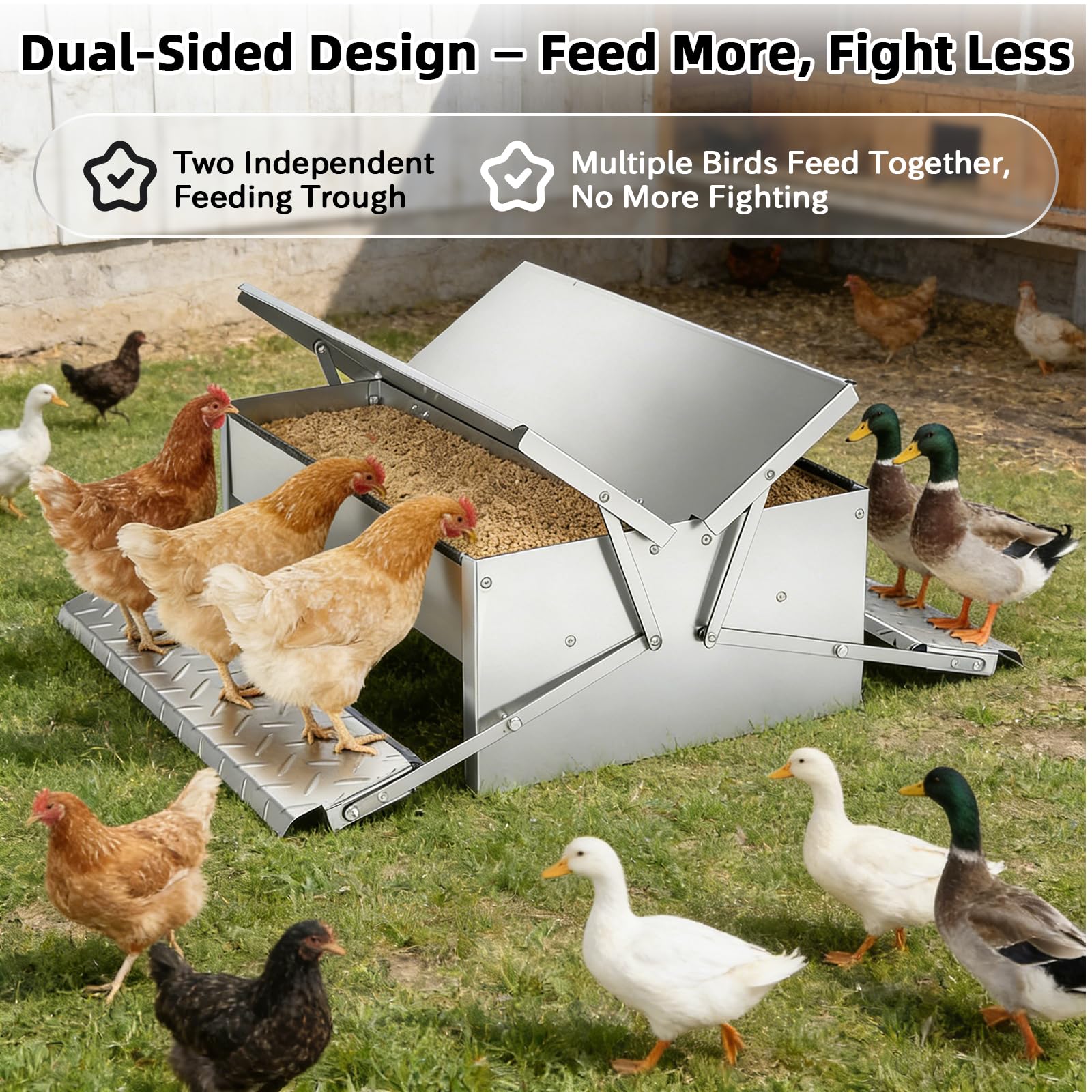 Comedero Gallinas Anti Ratas Antipajaros, Comedero Automático Gallinas de 12KG, Doble Cara con Pedal, Acero Inoxidable, para Pollos, Patos y Gansos, para Exterior/Gallineros/Granjas/Patios