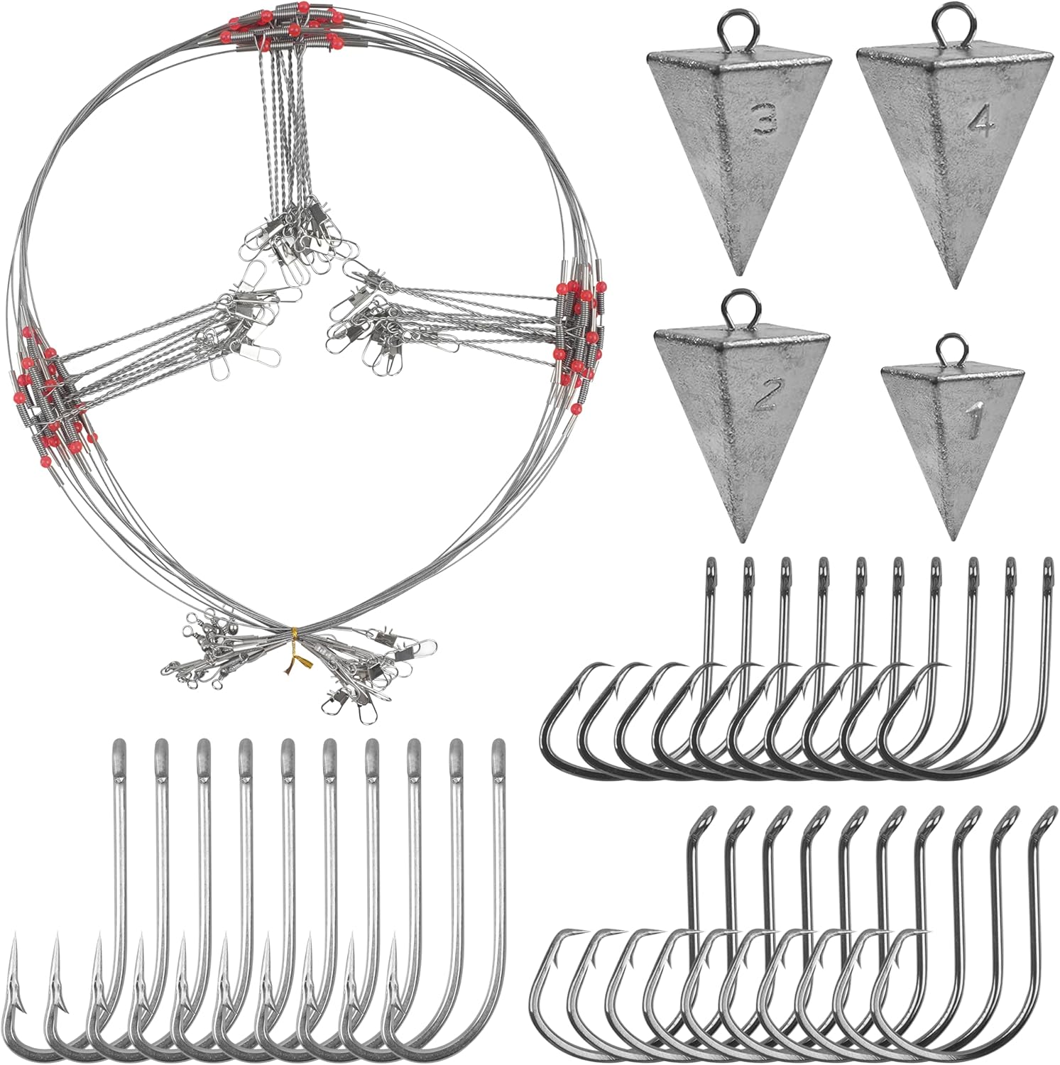 Saltwater Surf Fishing Leader Rig – 46pcs Pyramid Sinker Octopus Circle Hook Forged Hook Wire Trace Leader Rig with Swivel Snaps Beads