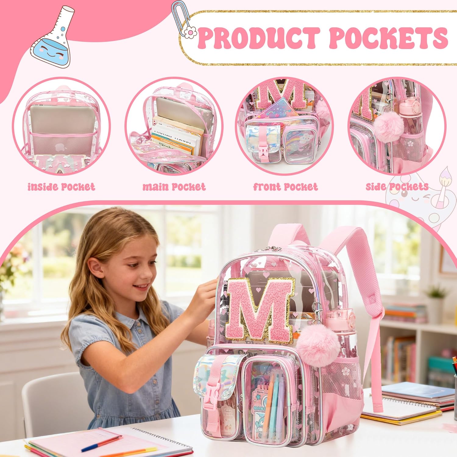 HTgroce Pink Monogram M Heavy duty Clear Backpack Kids Transparent Backpacks for School Girls Elementary Bookbag Stadium Concert College Approved See-Through Bag for Teens and Women