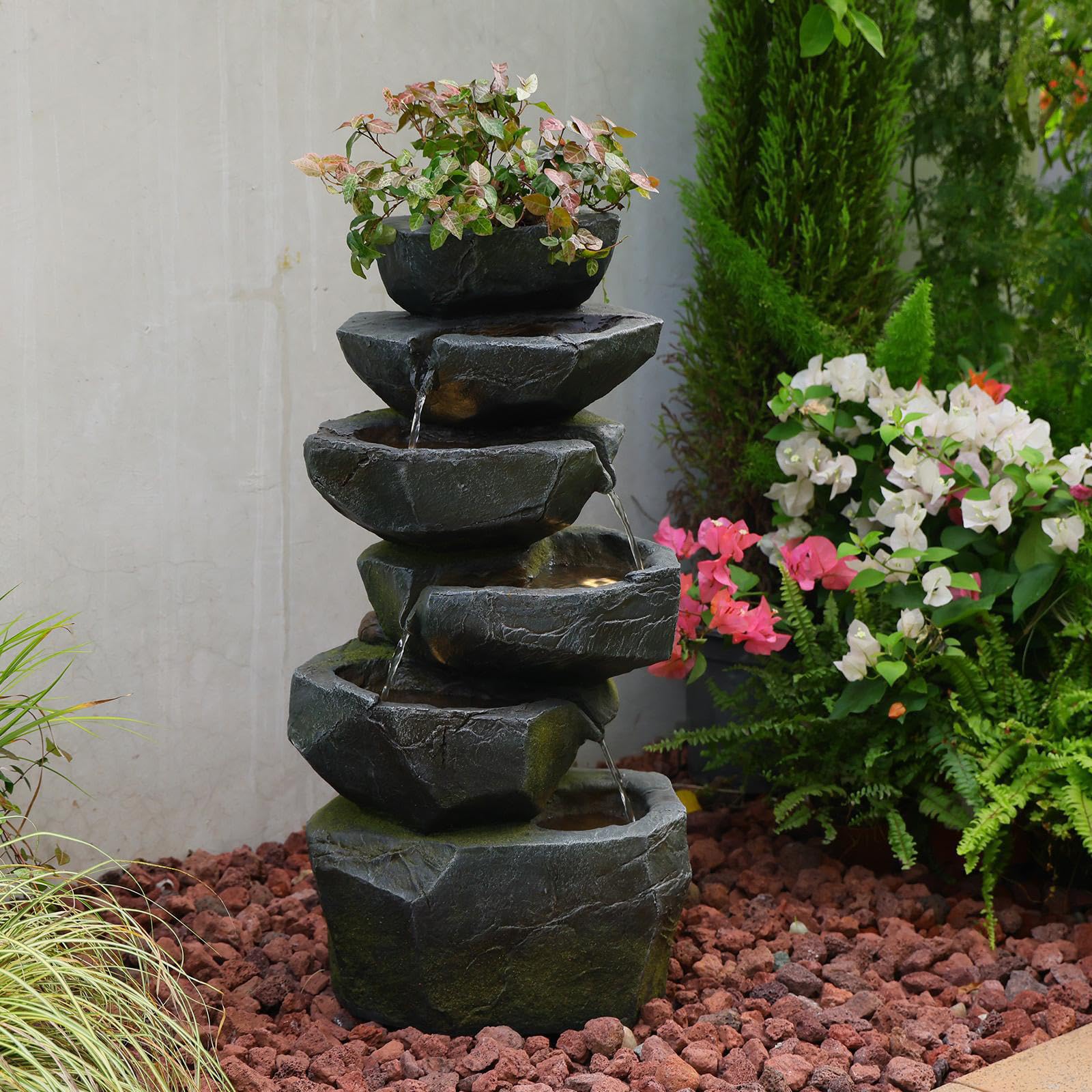 Sunlinua 27H Cascading Realistic Rock Outdoor Water Fountain with 6 Tiers