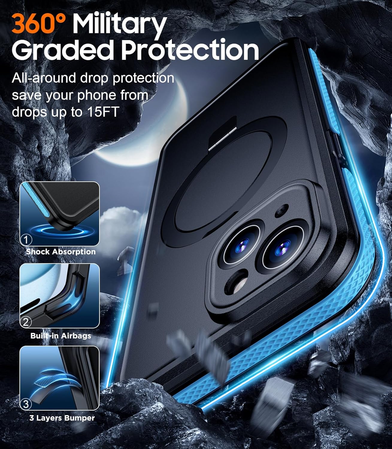 Temdan Magnetic for iPhone 15 Case Waterproof, [Built-in Ring Invisible Stand & Screen Protector][IP68 Underwater][Dropproof][Dustproof][Real 360] Shockproof Protective Phone Case 6.1'' -Blue