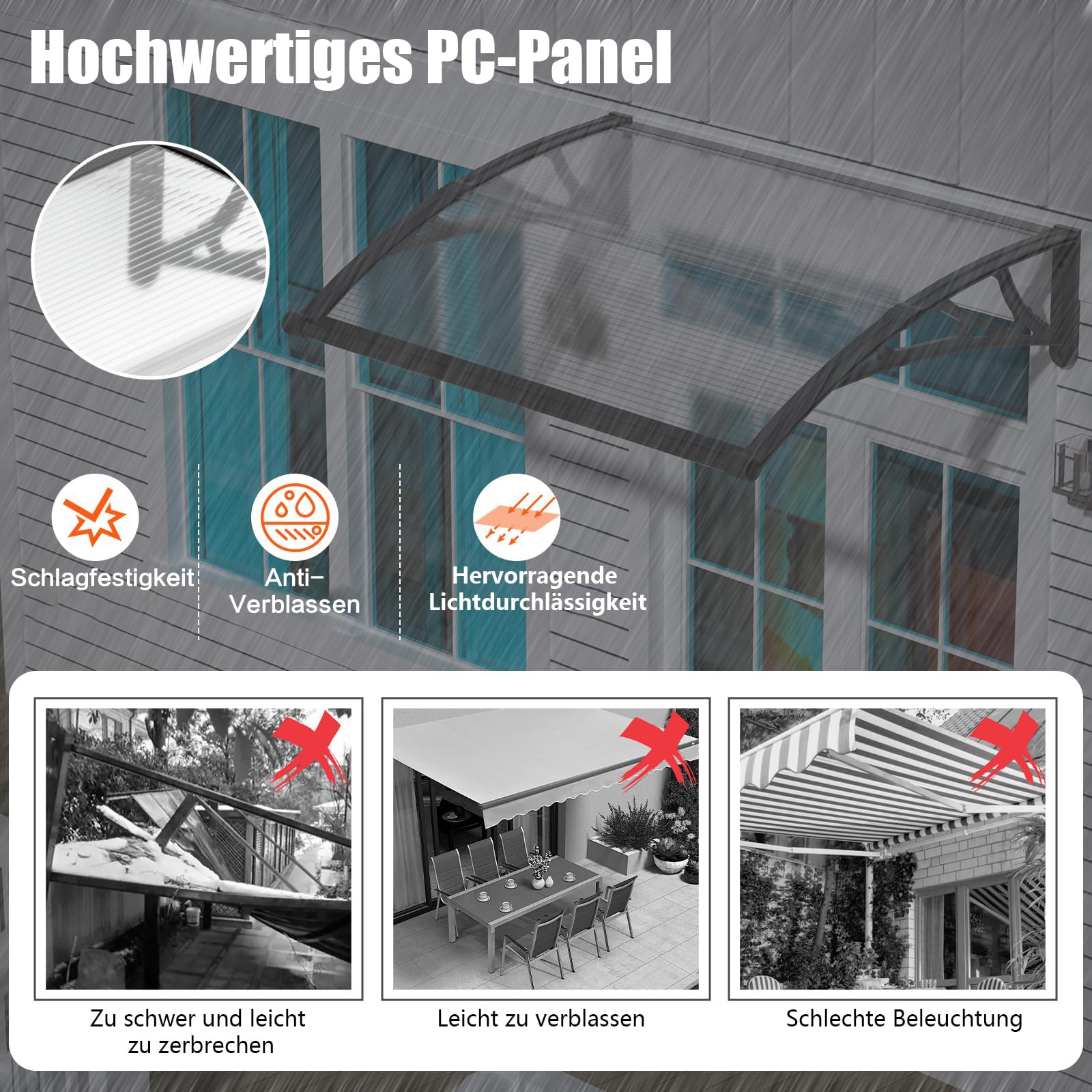 Vordach für Haustür 240x100 cm Fenstervordach mit separater Entwässerung, Polycarbonat Pultvordach Überdachung für UV-,Regen- und Schneeschutz – Ideal für Veranda, Terrasse und Fenster