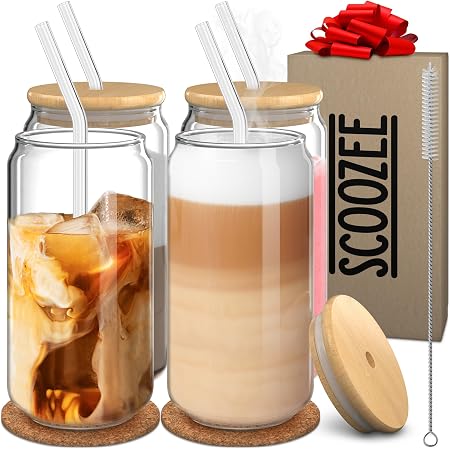 Drinking Glasses With Baboo Lids And Glass Straw 4pcs Set - 16oz Can