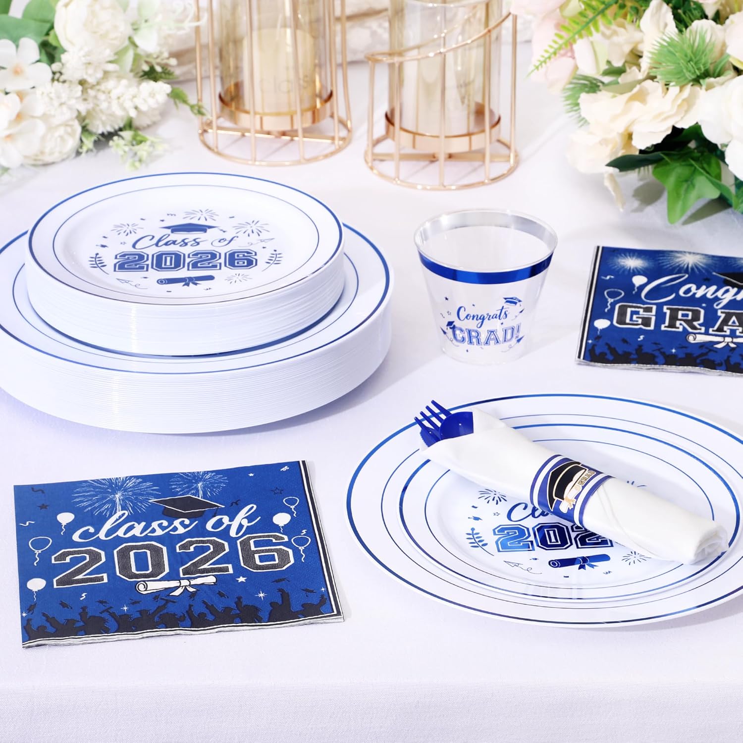 240 Pcs 2026 Graduation Plastic Plates with Disposable Silverware for 30 Guests,Blue Graduation Disposable Plates Including 30 Dinner&Dessert Plates,Cups,Silverware for Party