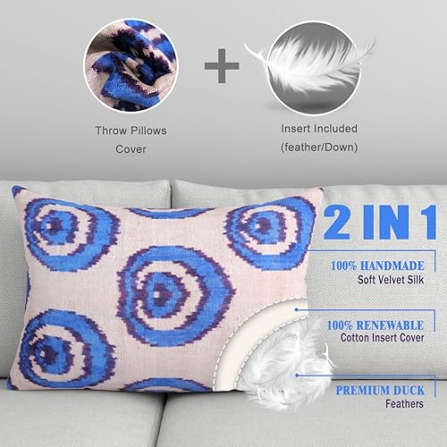 Miniatura 5 de Cojín decorativo hecho a mano con relleno de plumón, diseño de mal de ojo azul, funda de cojín lumbar de seda de terciopelo suave para sala de