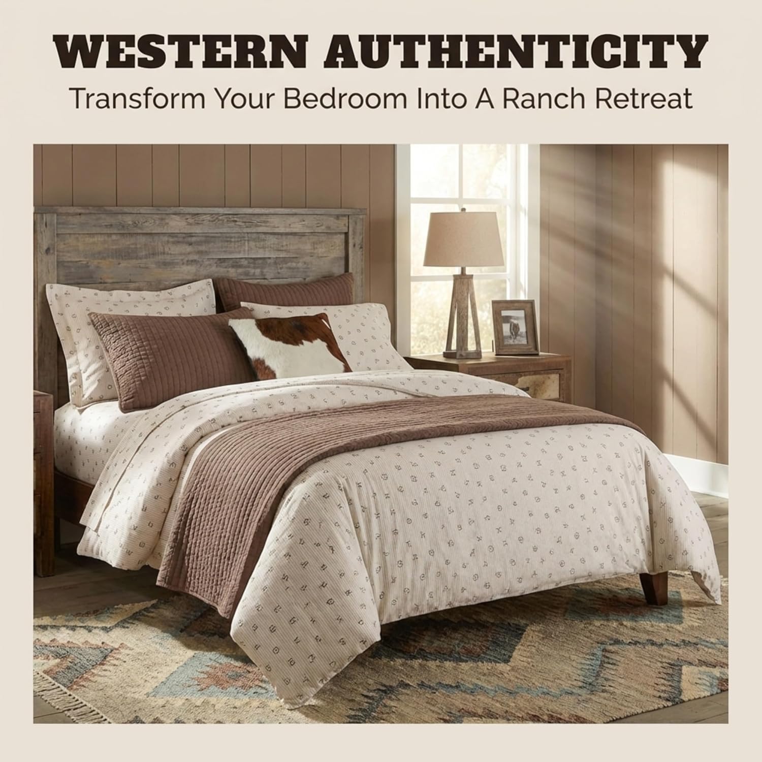 Rod's True Western Cattle Brands Ticking Stripe Queen Duvet Set – 3 Piece Western Bedding, Beige and White Cotton with Shams
