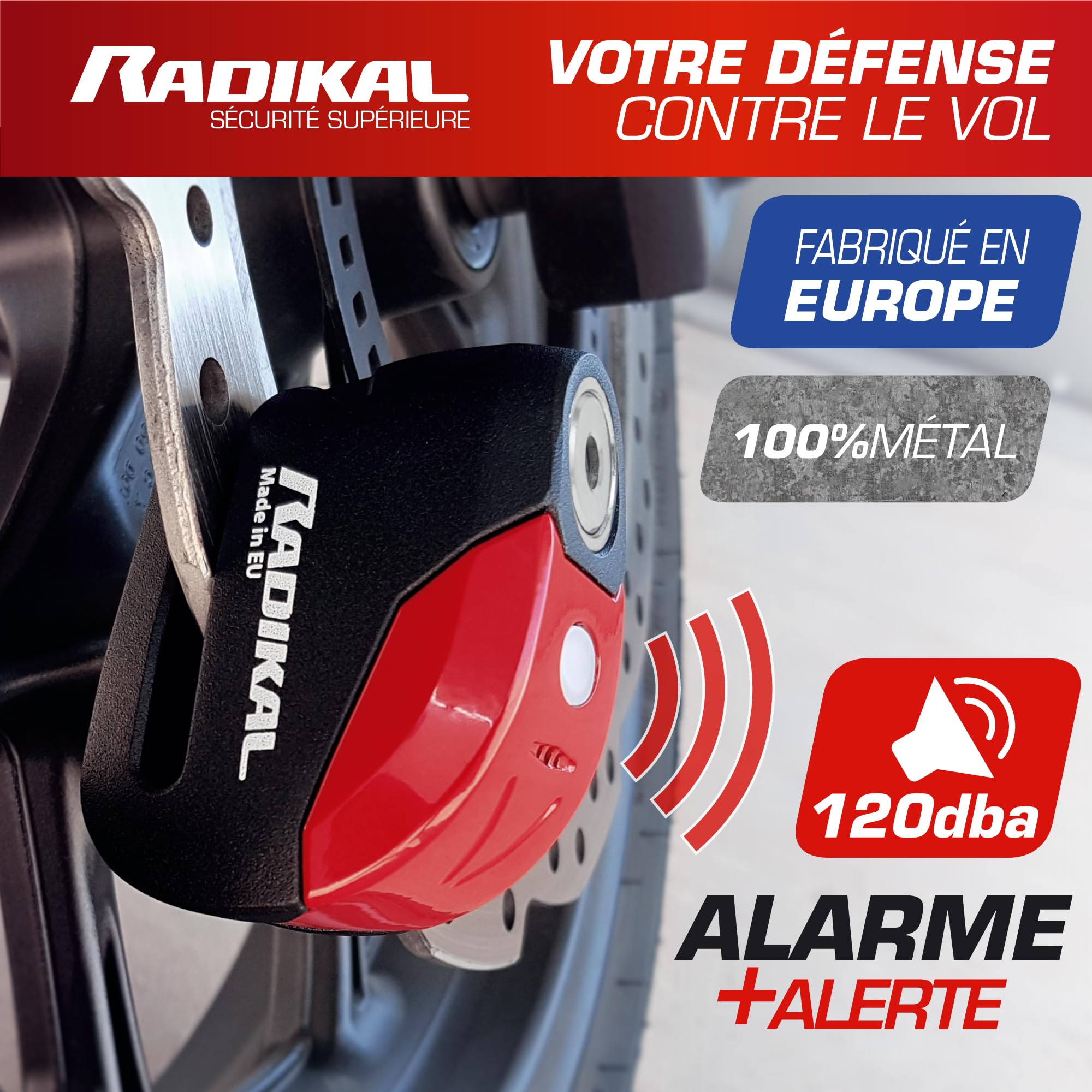 RADIKAL RK9 Antivol Moto, Bloque Disque Alarme Premium 120dB On/Off +Warning +LED Plus Visible, Étanche, Pile CR2 Longue Durée, 100% Métal Compact Bloc Frein 6mm Universel Moto Scooter Vélo Electrique
