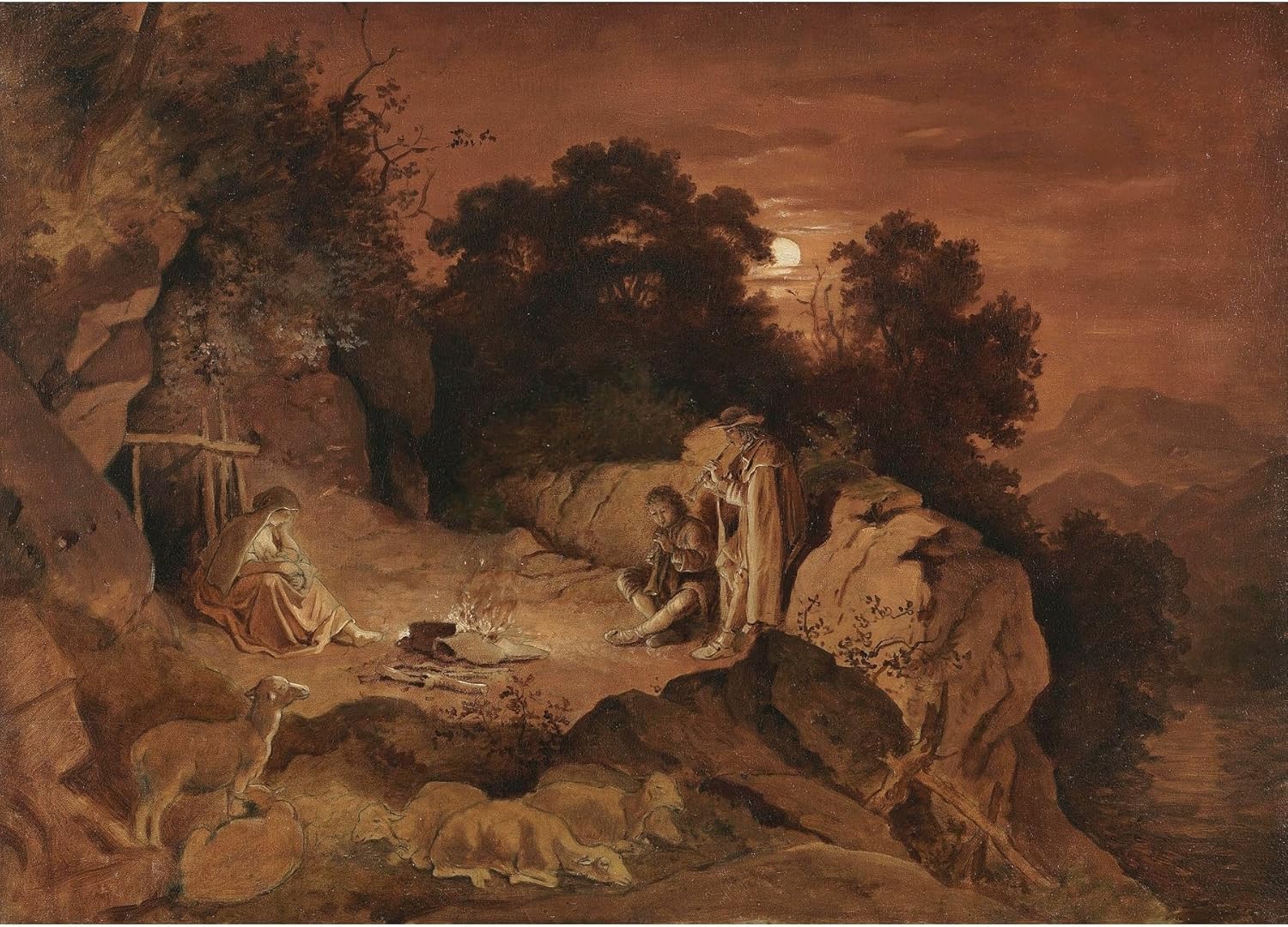 ArtDirect Shepherds by the Fire (Evening Landscape) (ca. 1861) Unframed Art Print Giclee Poster by Adrian Ludwig Richter - Ready for Framing with Customization Sizes 10x7, 14x10, 20x14, 33x24, 48x34 and 60x43 inches