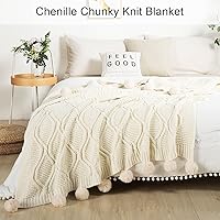 Vista 2 de Manta de punto grueso con pompones, gruesa, suave, grande, acogedora manta para sofá, cama, sofá, silla, 50 x 60 pulgadas, color blanco