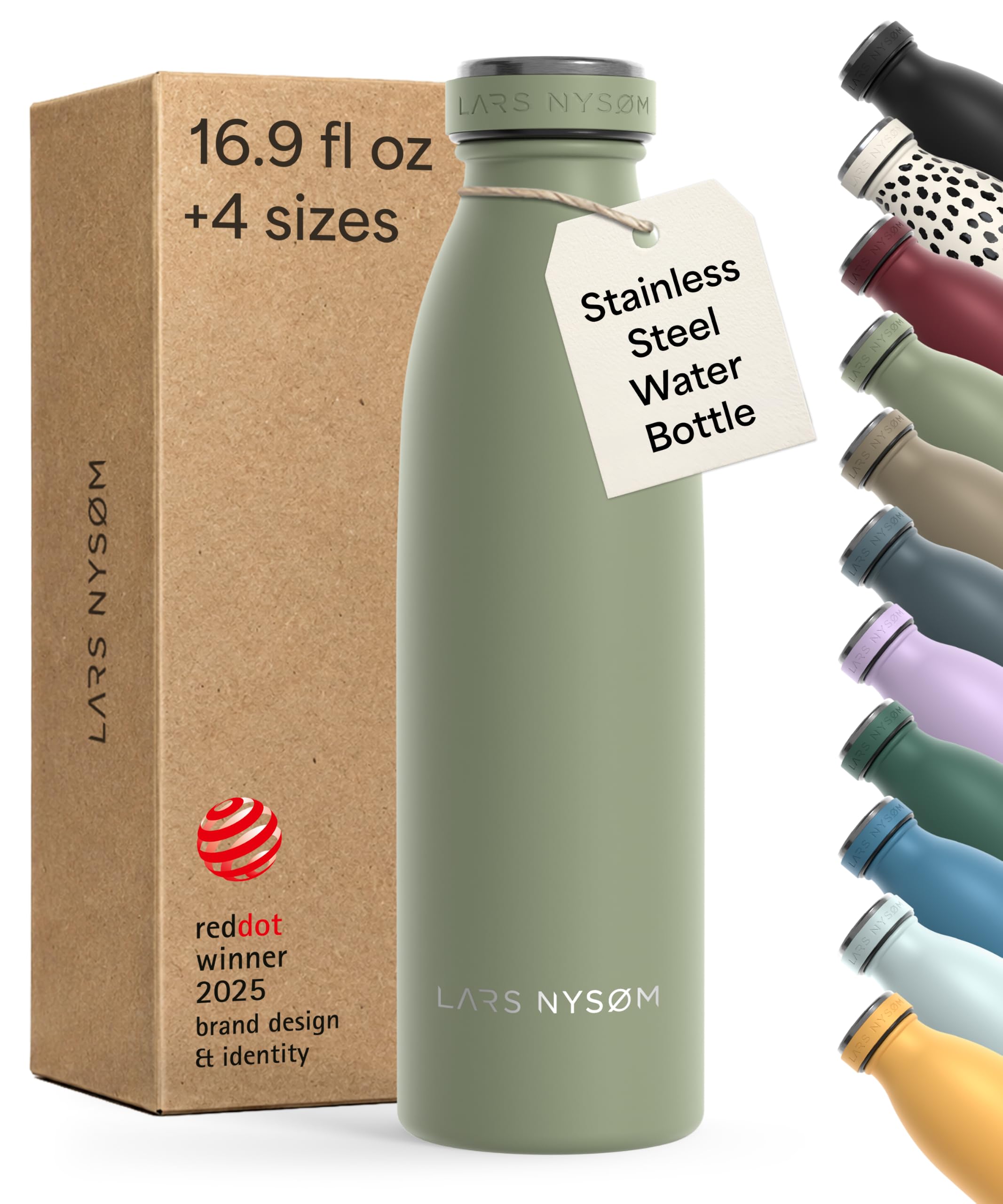 LARS NYSØM Stainless Steel Insulated Water Bottle 17oz Metal Water Bottles | 12h Hot 24h…