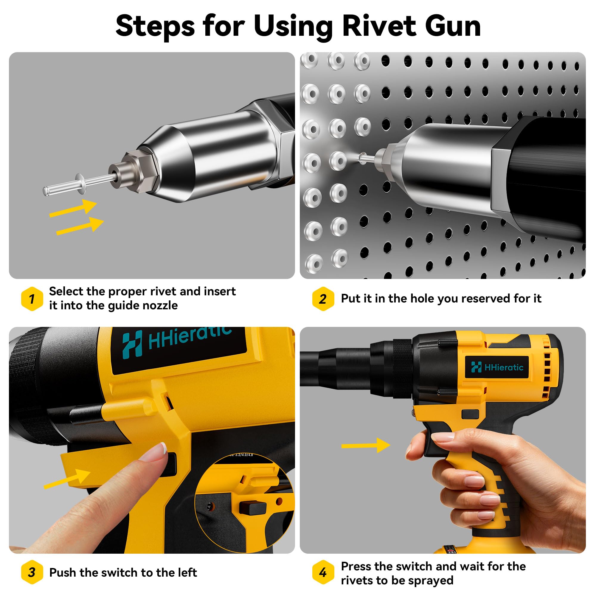 Kit di strumenti per dadi rivetti senza fili compatibile con batteria Dewalt da 20 V (solo strumento), pistola per rivetti senza spazzole senza fili con 3 dimensioni (1/8", 5/32", 3/16") Rivetti e
