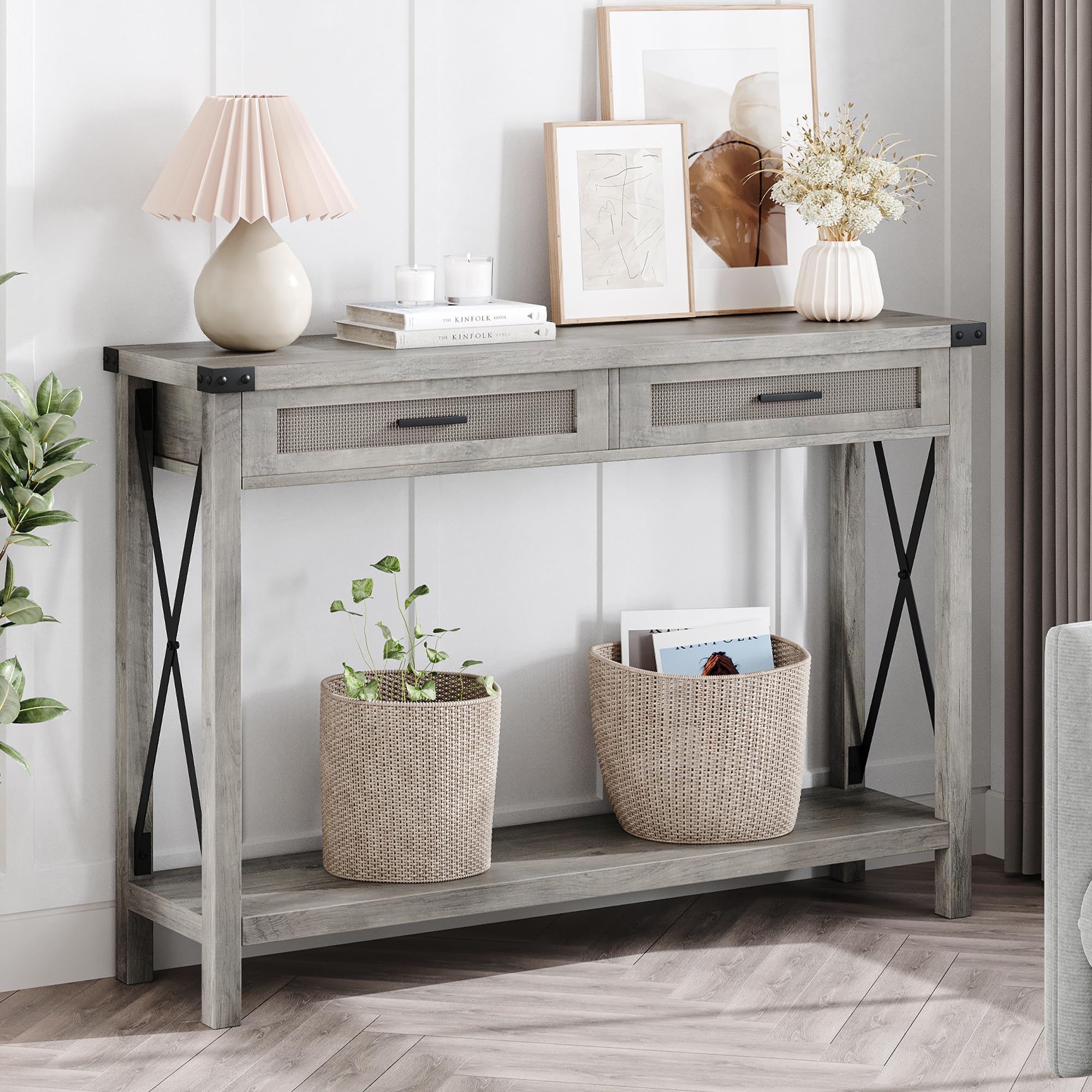 Table Console, Console Meuble Entree avec 2 Tiroir 110X 30x78CM,Table d'entrée en Rotin avec Forme de X sur Les Côtés pour l'entrée, Le Salon, Le Couloir (Gris)