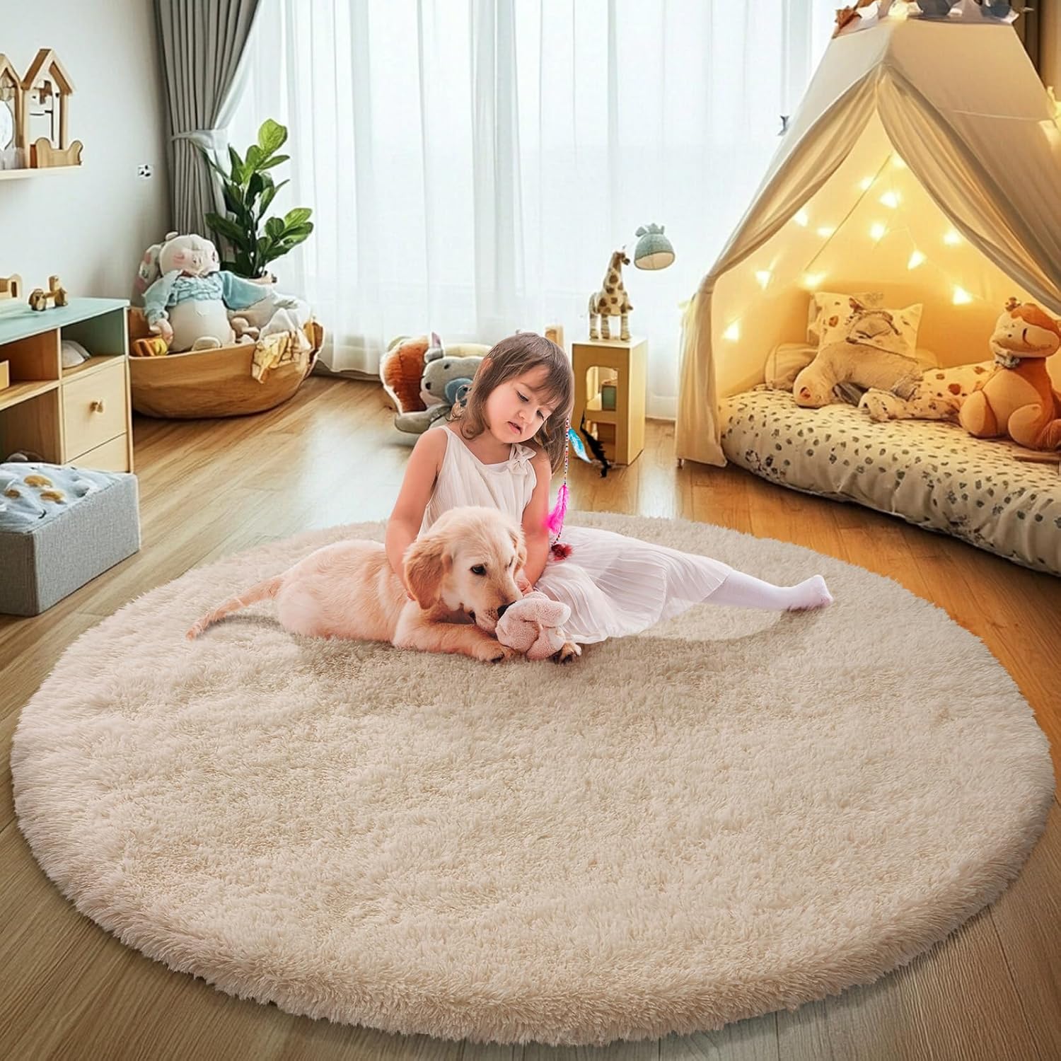 Fluffy Round Area Rugs for Bedroom,6'X6'Shag Circle Area Rugs for Girls Room,Non Slip Fuzzy Plush Rug for Kids Room Living Room and Dorm Home Decor Rug