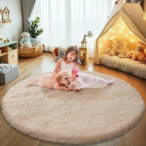 Beige Fluffy Round Rug,Soft Area Rugs for Girls Room,Shaggy Rugs 4'X4' for Living Room,Non Slip Circle Rug for Kids Bedroom,Shag Plush Nursery Rug,Fuzzy Plush Rug for Dorm,Cute Furry Room Decor Rug