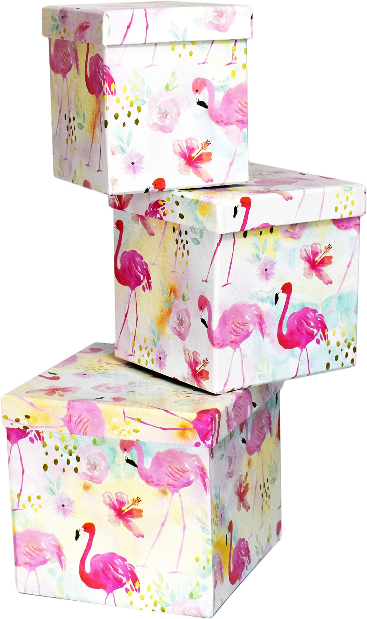 ALEF Elegant Flamingo-Themed Decorative Nesting Gift Boxes – Set of 3 – Beautifully Designed Storage Boxes – Small (3.62"x3.62"x4.25"), Medium (4.5"x4.5"x4.62"), Large (5.25"x5.25"x5.125")
