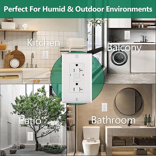 Miniatura 5 de GFCI Outlet resistente a manipulaciones, resistente a la intemperie, 20 amperios, 1 paquete, placa de pared decorativa incluida, protección