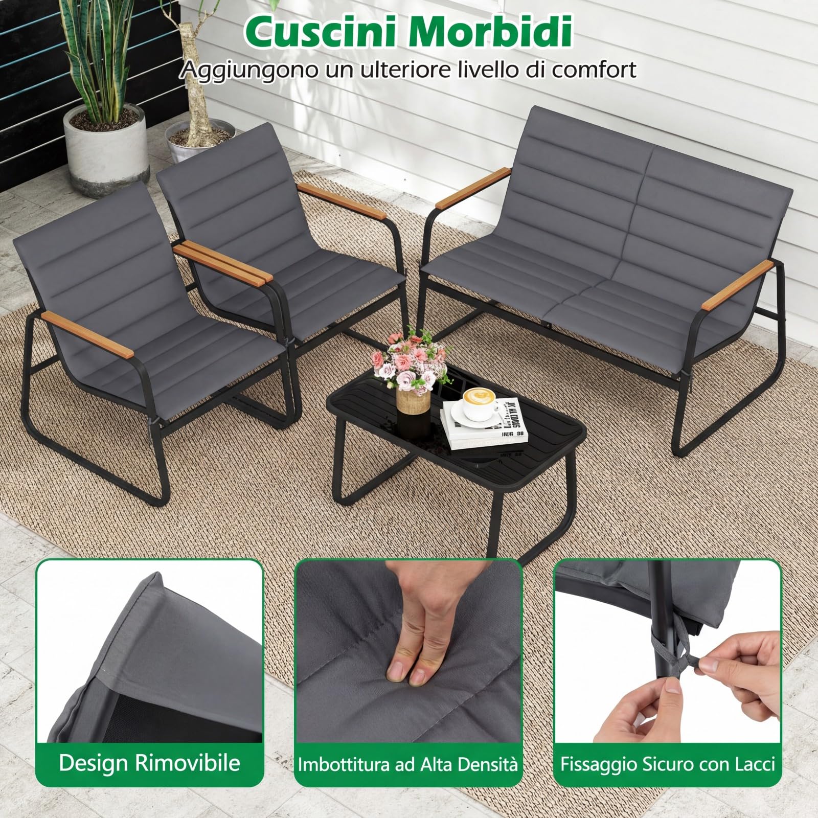 RELAX4LIFE Tavolo da Giardino con Sedie, 3 Poltrone con Braccioli in Legno Plastico e Cuscini Rimovibili/Lavabili, Struttura in Metallo, Tavolino in Vetro Temperato, Set Bistrò per Esterno (Modello 2)
