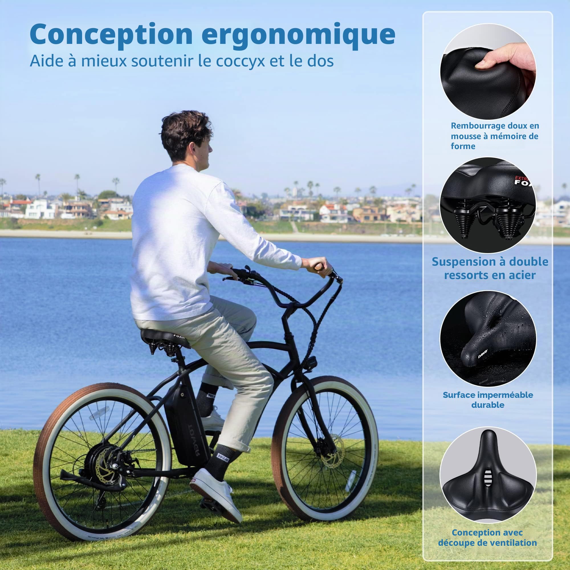 DAWAY C50 siège vélo Extra Large et Confortable - Selle de vélo d'exercice Extra Large rembourrée en Mousse Souple pour Hommes et Femmes, Confortable, Convient pour Peloton, Cruiser, vélo d'extérieur