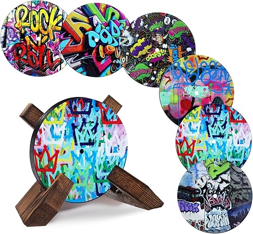 Boao 6 posavasos retro divertidos para discos de vinilo para bebidas, 4 pulgadas, posavasos geniales con soporte de madera retro, posavasos para