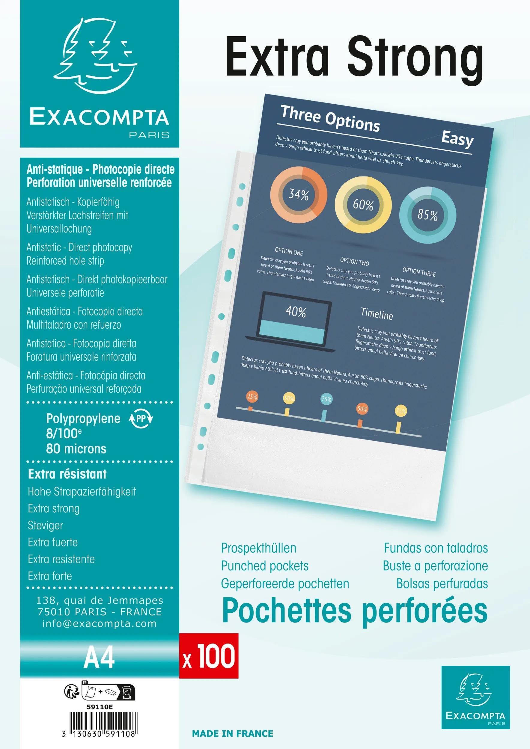 Exacompta 500 fundas perforadas Premium PP rugoso 8/100 mm incoloro