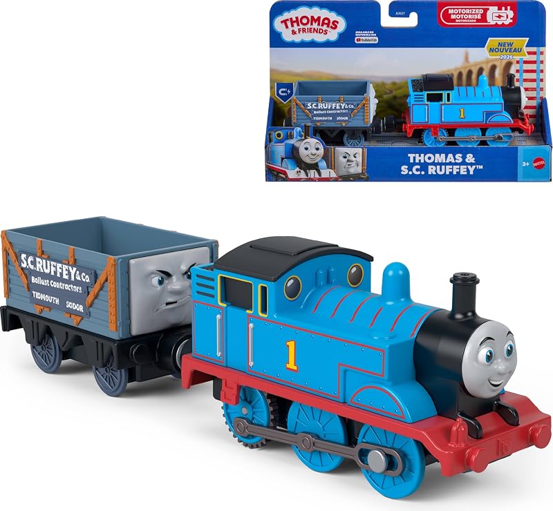 Thomas & Friends motorizado Thomas Engine y camión SC Ruffey | Fisher-Price Tren y vehículo de juguete a batería para niños en edad preescolar, personajes clásicos de la serie Ferroviaria