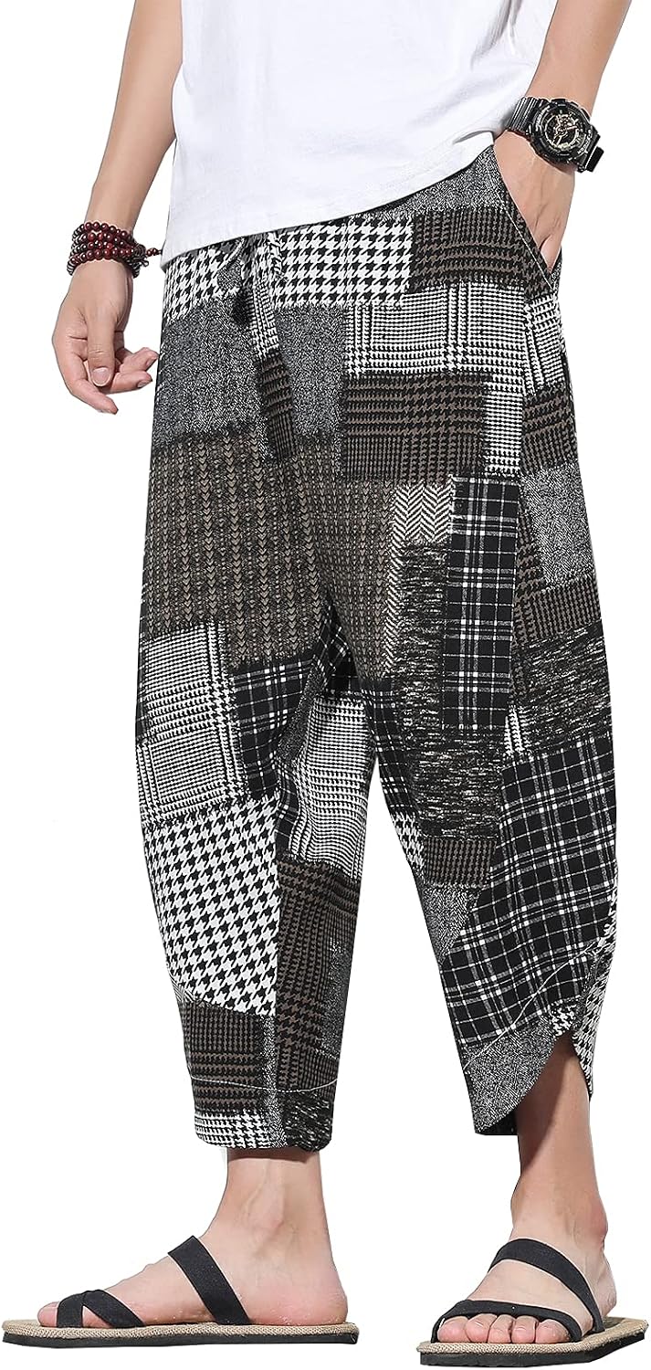 DOSLAVIDA Men's Casual Elastic Waist Linen Capri Pants Wide Leg Baggy Cotton Harem Yoga Trousers Loose Patchwork Short
