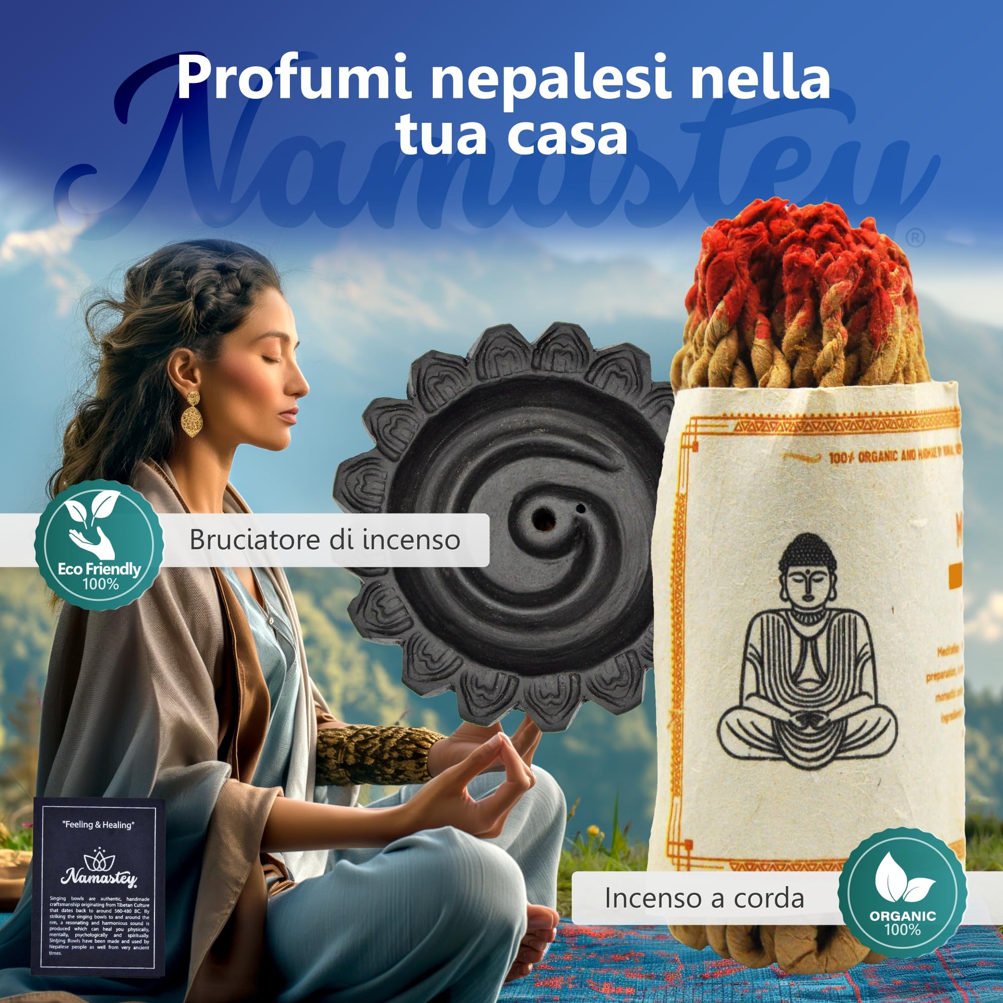 Campana Tibetana – Ø10 cm – Cimbali tibetani – Tingsha – Bruciatore incenso – Incenso di Corda – In Scatola di Lokta – Set di Accessori per Meditazione e Yoga – Fatto a Mano in Nepal