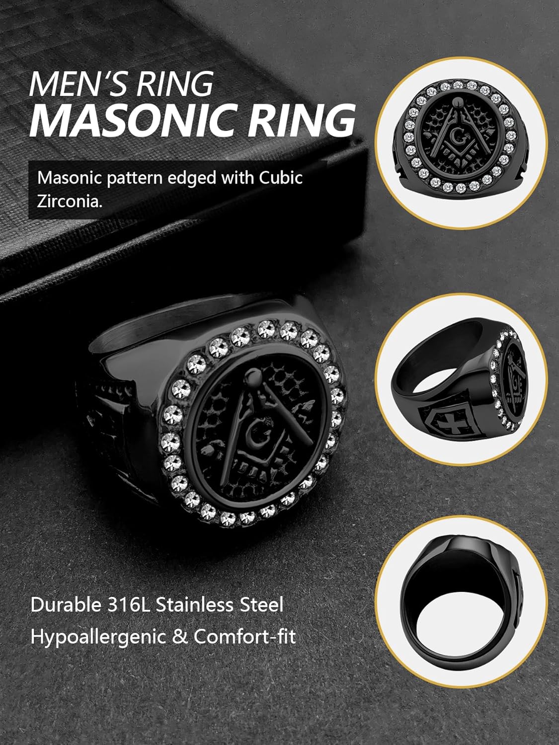 Masonic Signet Rings for Men, 316L Stainless Steel/18K Real Gold/Black Metal Freemason Jewelry, Punk Biker Mason Ring, Size 7-12 - Image 3