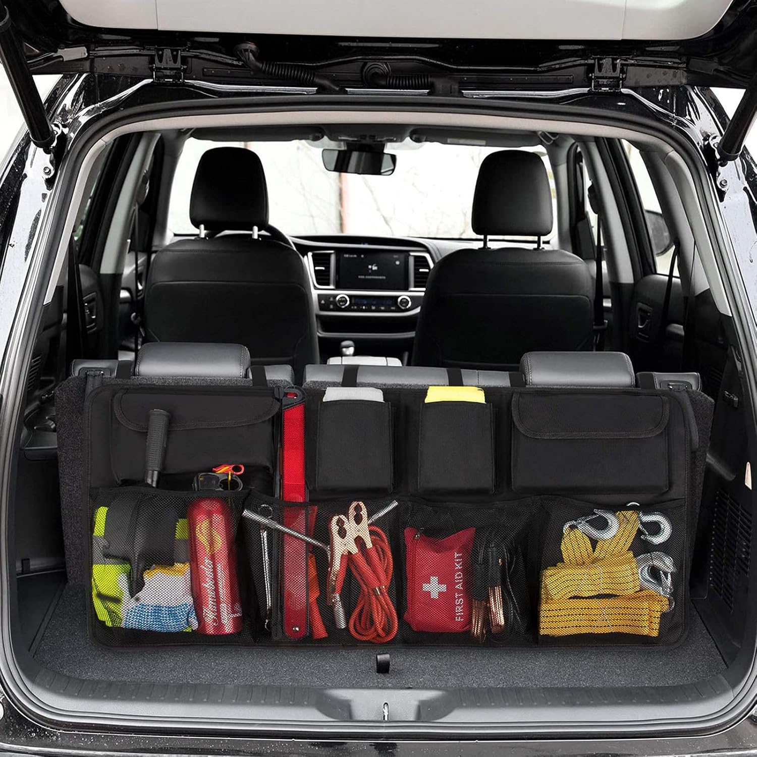 Car Backseat Trunk Organizer, Backseat Hanging Organizer with 9 Large Storage Bag-Car Seat Organizer for SUV, Trunk, Space Saving Expert (Black)