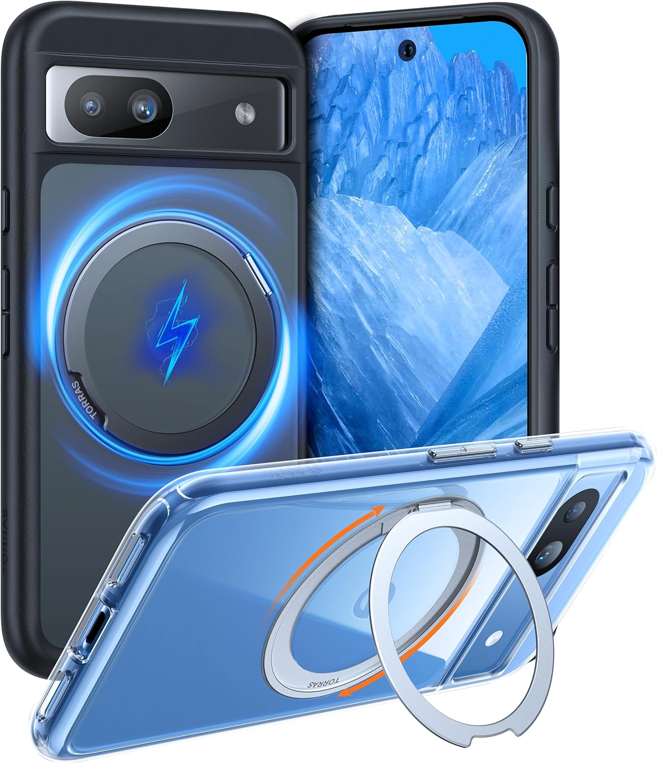 TORRAS 360°Rotatable Magnetic Ring for Google Pixel 8A Case, Compatible with MagSafe with Stand & Ring Holder, Military Grade Shockproof Translucent Back Slim Phone Case Marsclimber Ostand R, Clear ICE Clear Google Pixel 8A