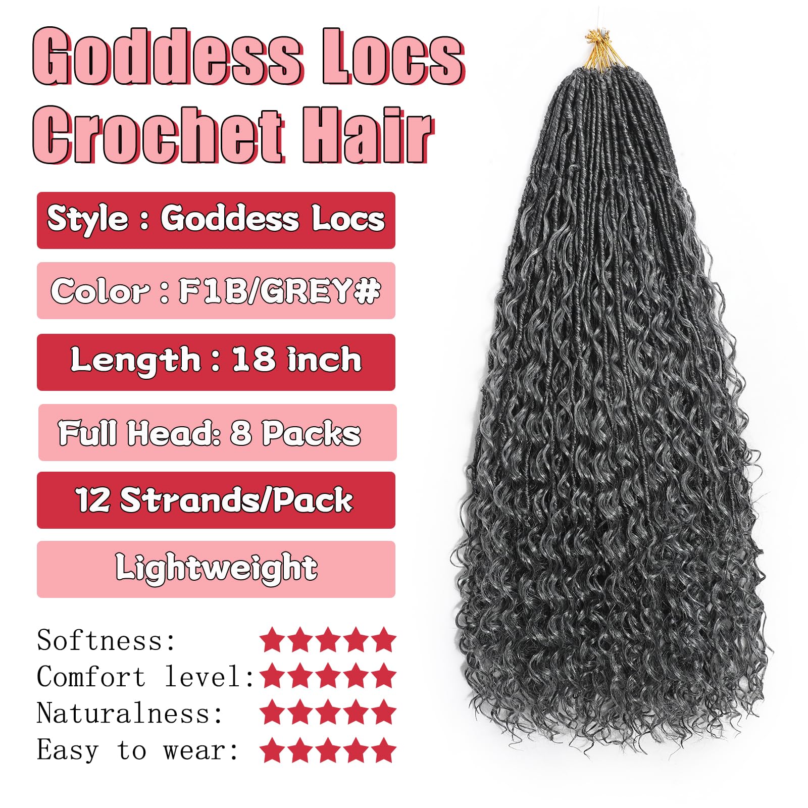 XIIMENALU Boho Faux Locs Crochet Hair 8 Packs Goddess Soft Locs with Curly Ends Pre-Looped Bohemian River Locs Crochet Hair Extensions for Black Women (F1B/Grey# - Image 2